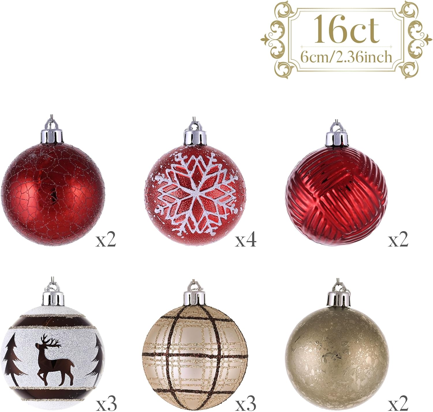 Valery Madelyn Adornos de bola de Navidad, juego de decoración de árbol de Navidad inastillable de cobre rojo y blanco de 16 quilates, adornos