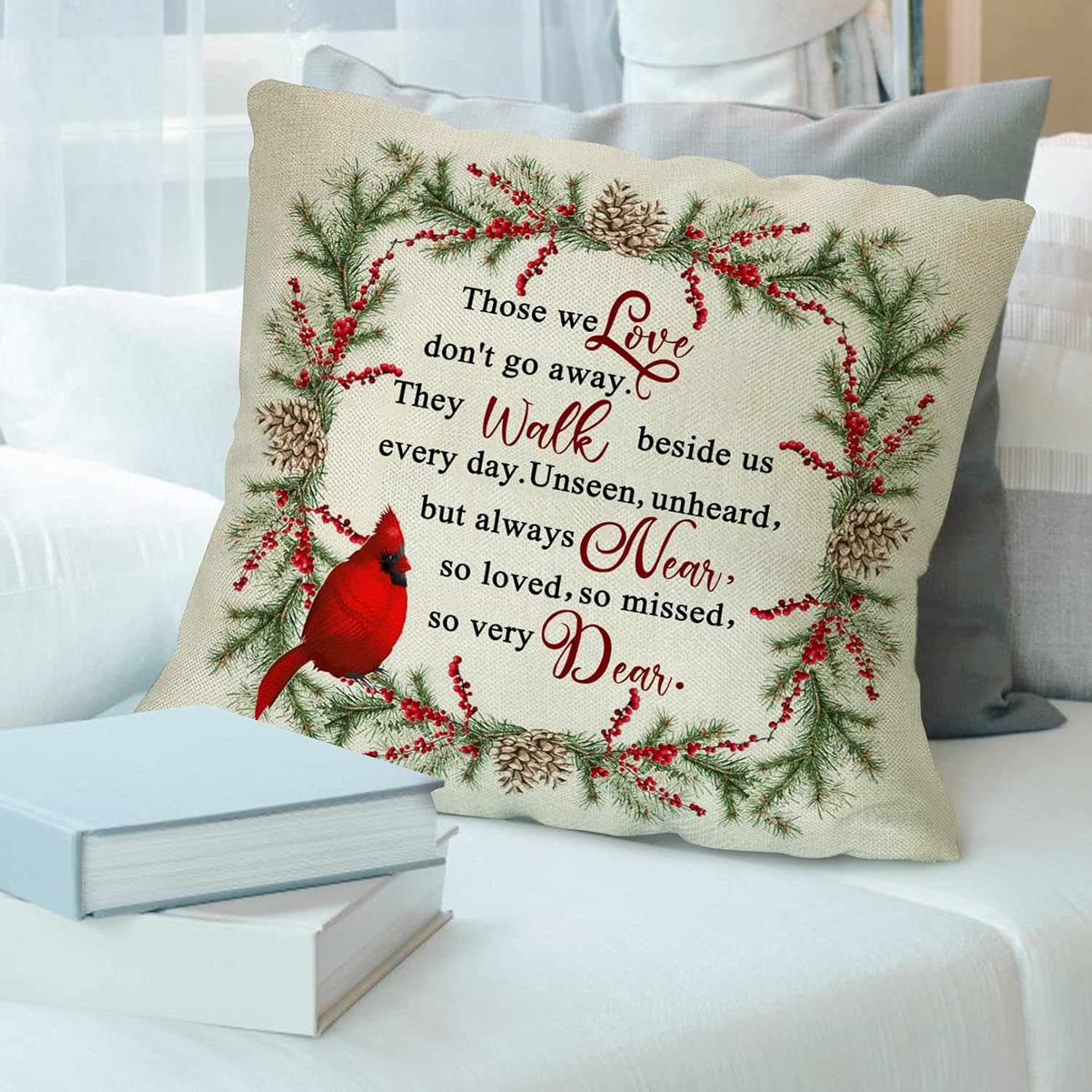 Softxpp Funda de almohada decorativa de cardenal de invierno, diseño de pájaros rojos de Navidad, conos de pino, con cita de cotización, bayas de