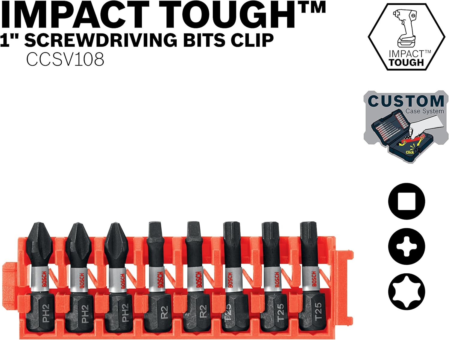 BOSCH CCSV108 – Juego surtido de 8 piezas de 1 pulgada (2 unidades) Phillips resistentes al impacto, cuadrado y Torx con clip para sistema de caja