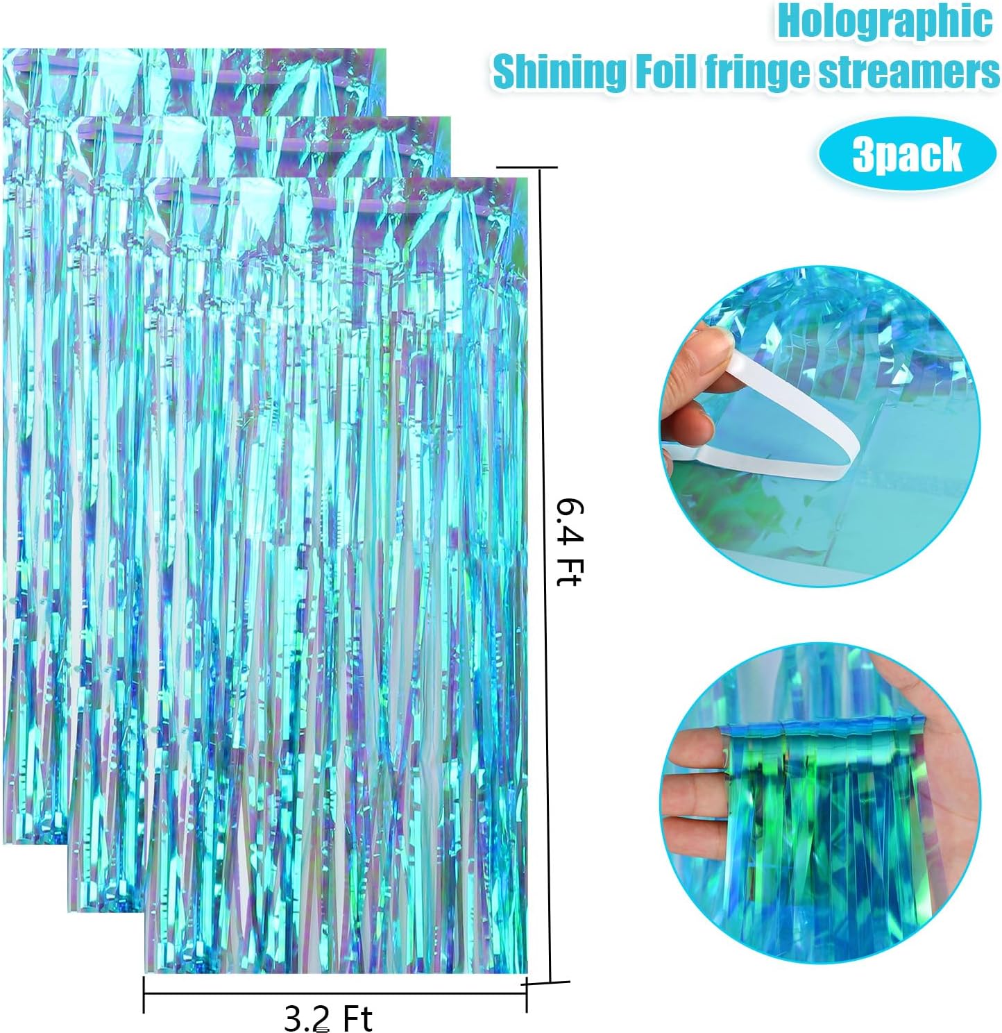 3 Pack Summer Beach Party Decorations Holographic Tinsel Foil Fringe Curtain Backdrops for Iridescent Party Under The Sea Party Birthday Party