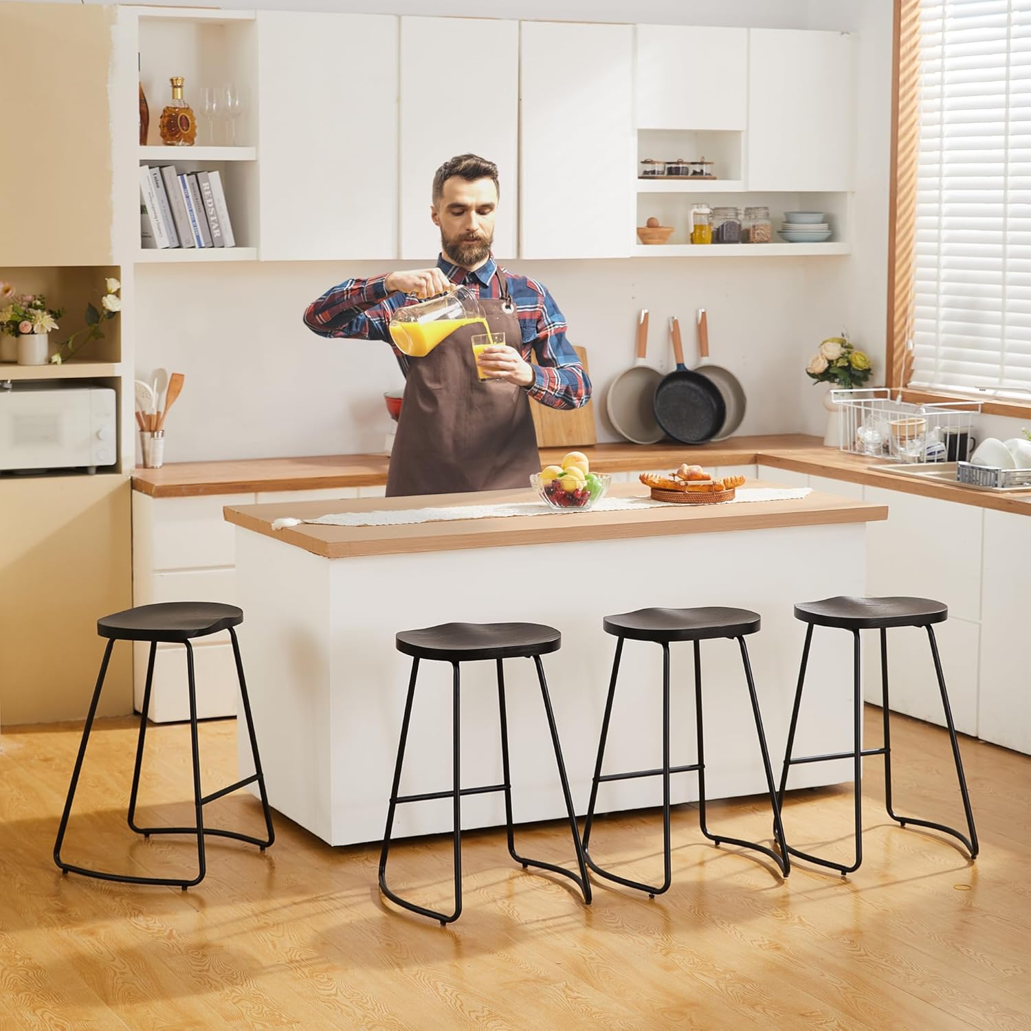 HeuGah Juego de 3 taburetes de bar, taburetes de bar con asiento de silla de montar, taburete de bar sin respaldo de 26 pulgadas para isla de