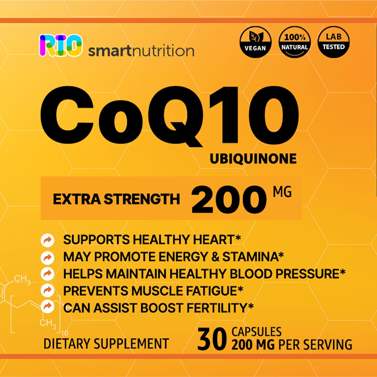 Rio CoQ10 Extra Strength 200mg – Coenzima Q10 – Suplemento antioxidante para la salud vascular y cardíaca y producción de energía – 30 cápsulas
