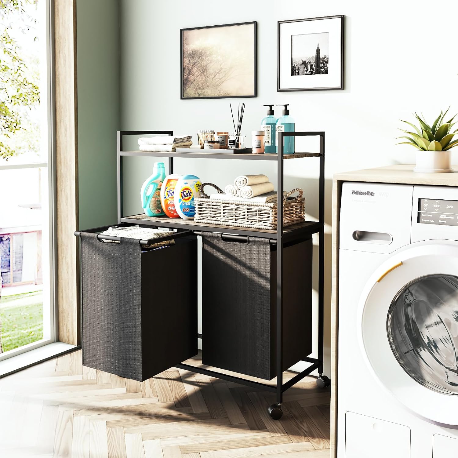 Huhaneon Cesta de lavandería con ruedas, cesta de lavandería, muebles de baño con 2 bolsas extraíbles y extraíbles, 2 estantes, capacidad de 12