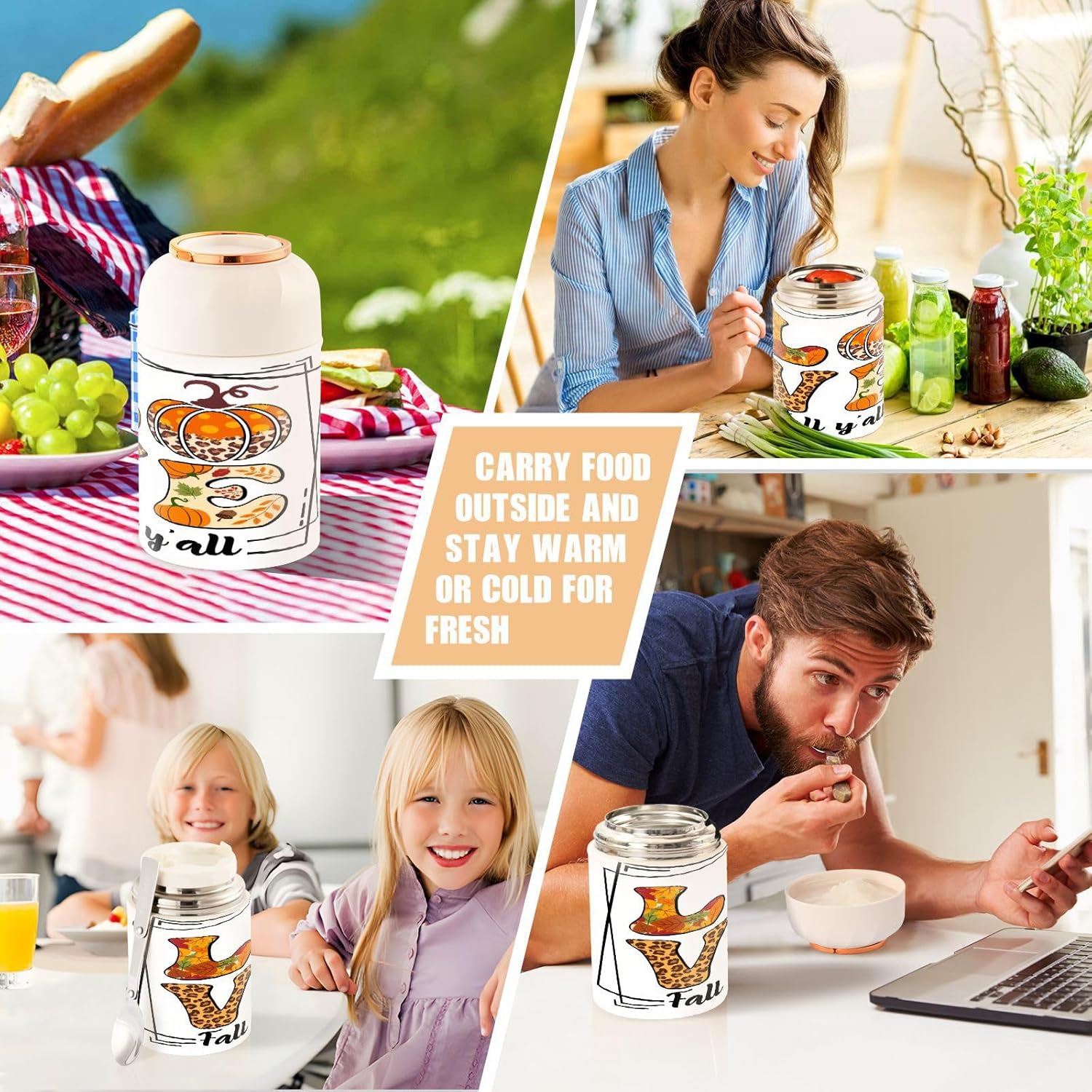 Love Fall Y’all Design Thermos Food Jar for Hot and Cold, Crastive Autumn Season Insulated Hot Food Jars Vacuum 17OZ with Folding Spoon for School