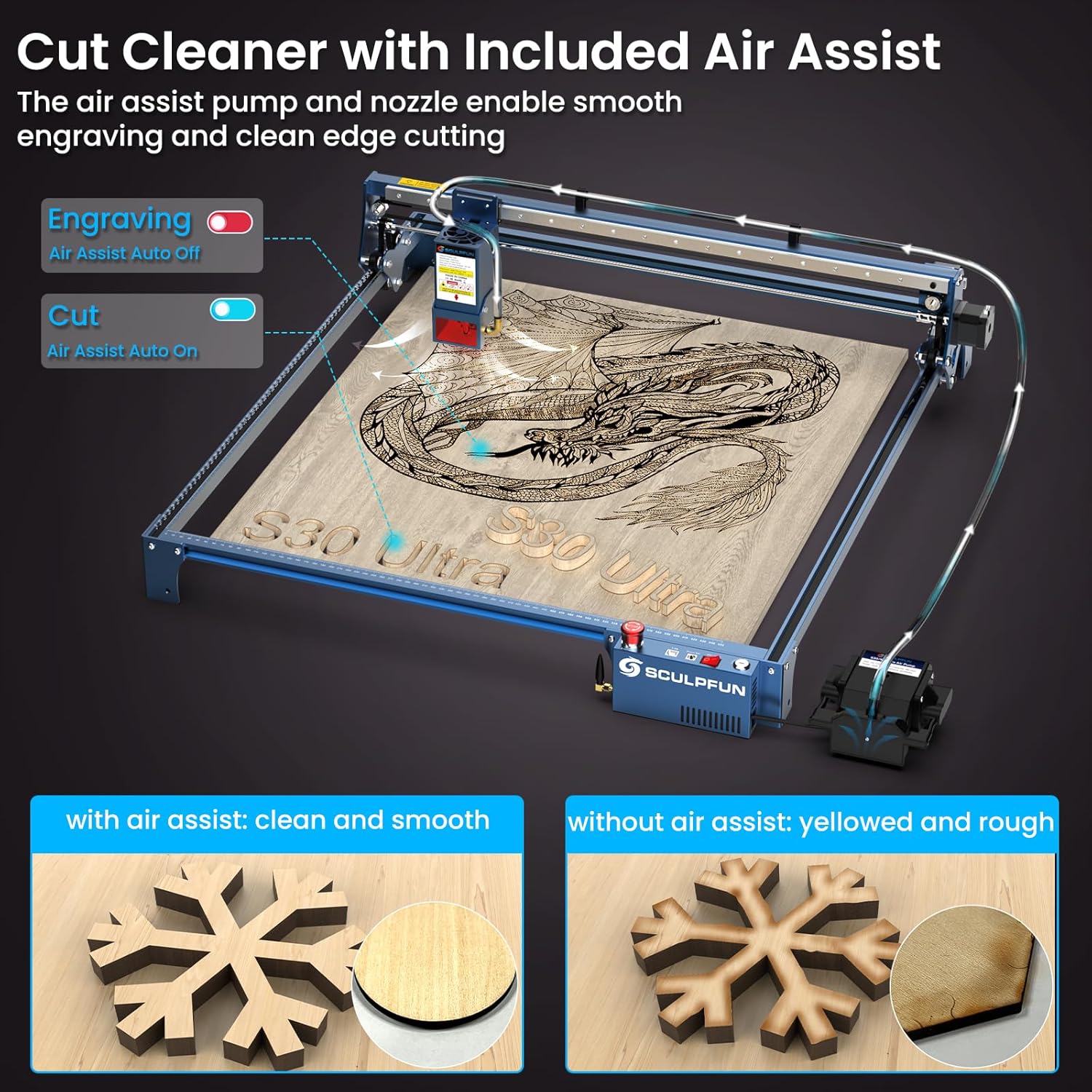 SCULPFUN S30 Ultra – Grabador láser grande de 11 W con asistencia de aire inteligente y kit de extensión de 23.622 x 23.622 in, área de trabajo,