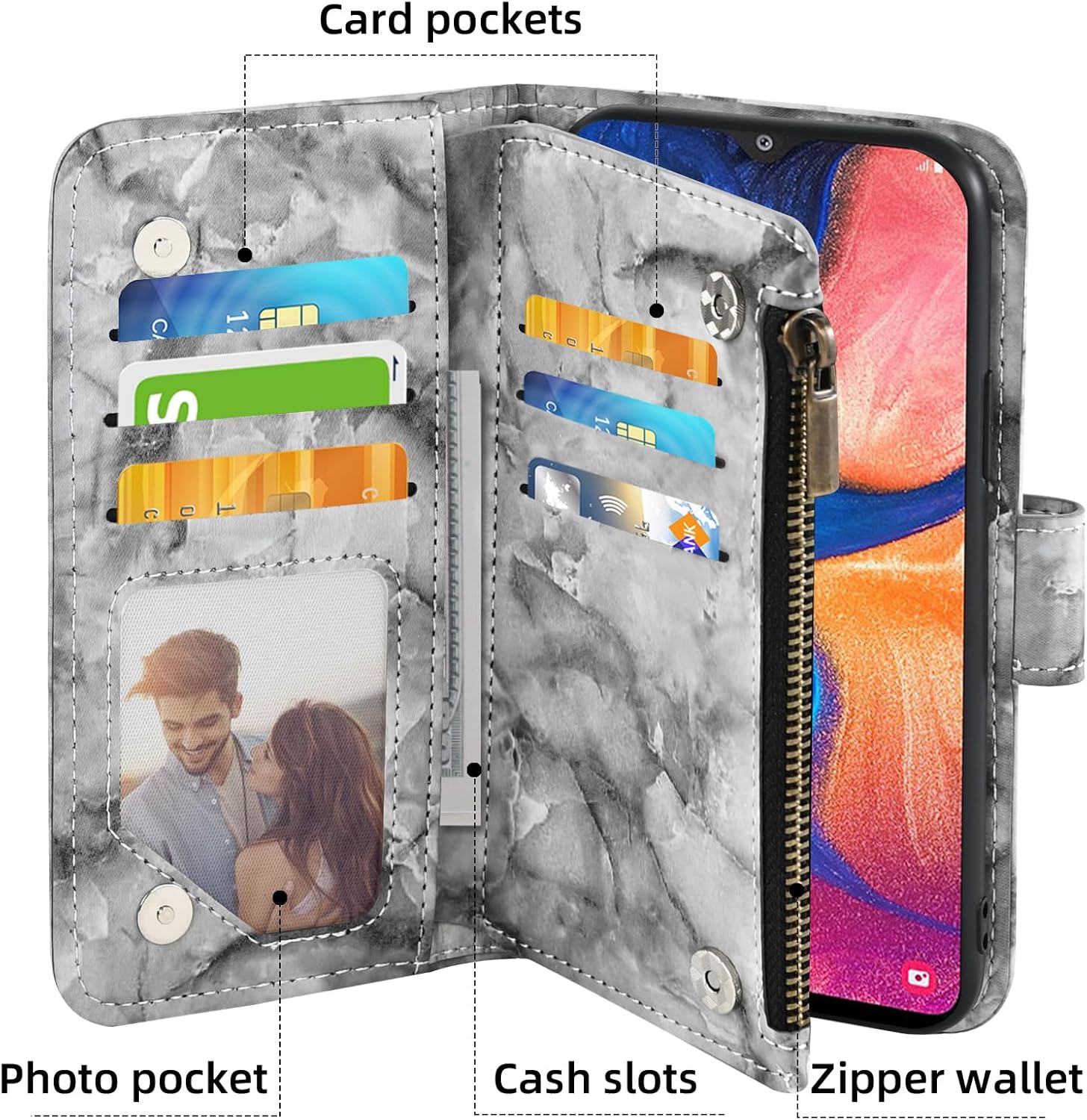 Asuwish Funda de teléfono para Samsung Galaxy A20 A30 con protector de pantalla de vidrio templado y soporte de ranura de cuero de mármol con ranura