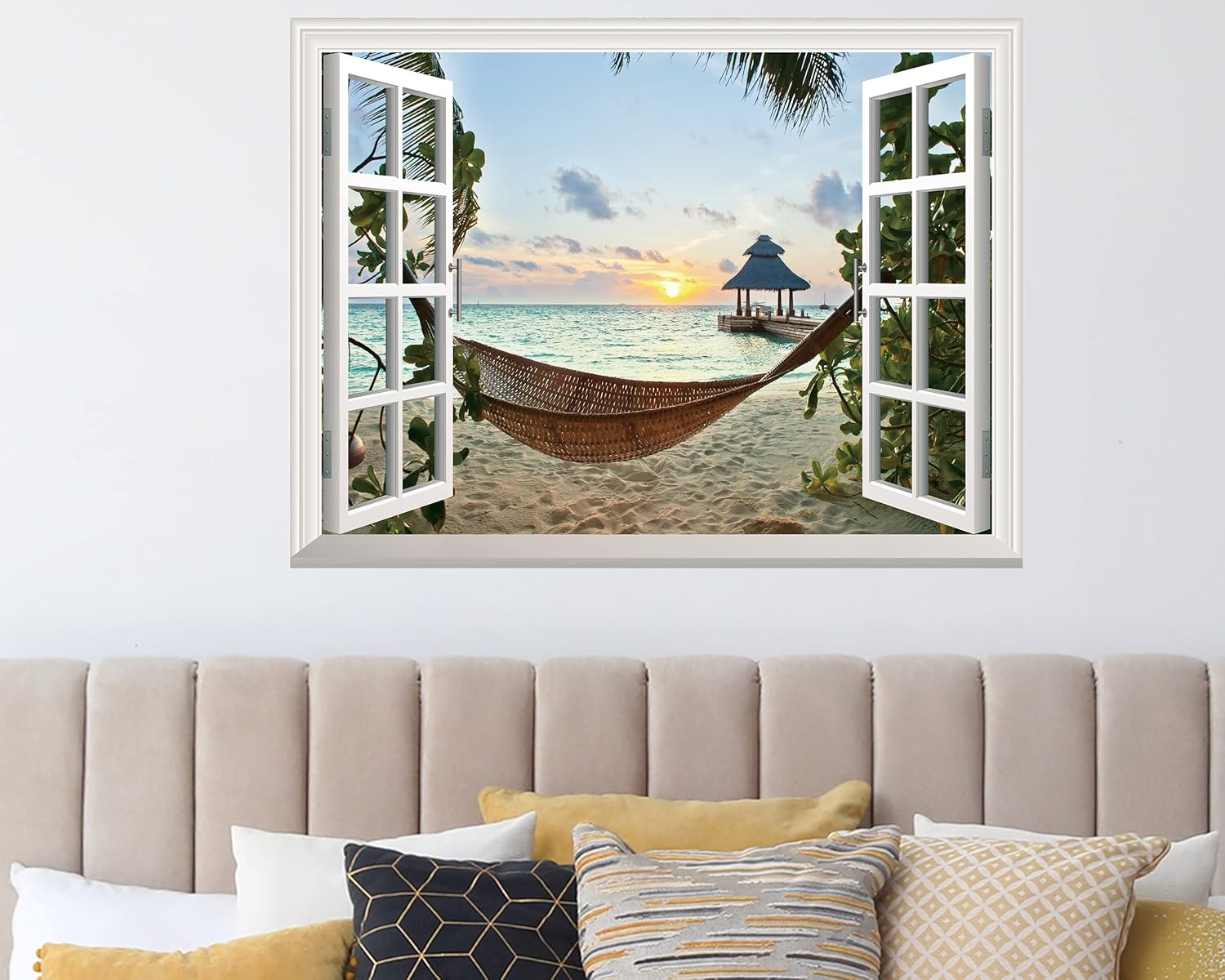 FLFK Adhesivo de pared falso para ventana, mural de pared para ventana de playa y puesta de sol para decoración de pared, calcomanías de pared para