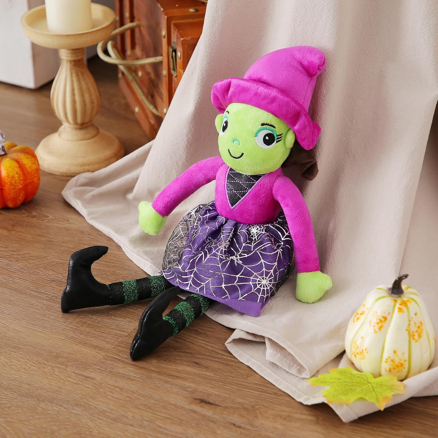Muñecas de bruja linda de peluche de bruja pequeña para decoración de fiesta de Halloween, juguetes de bebé (morado, 16 pulgadas)