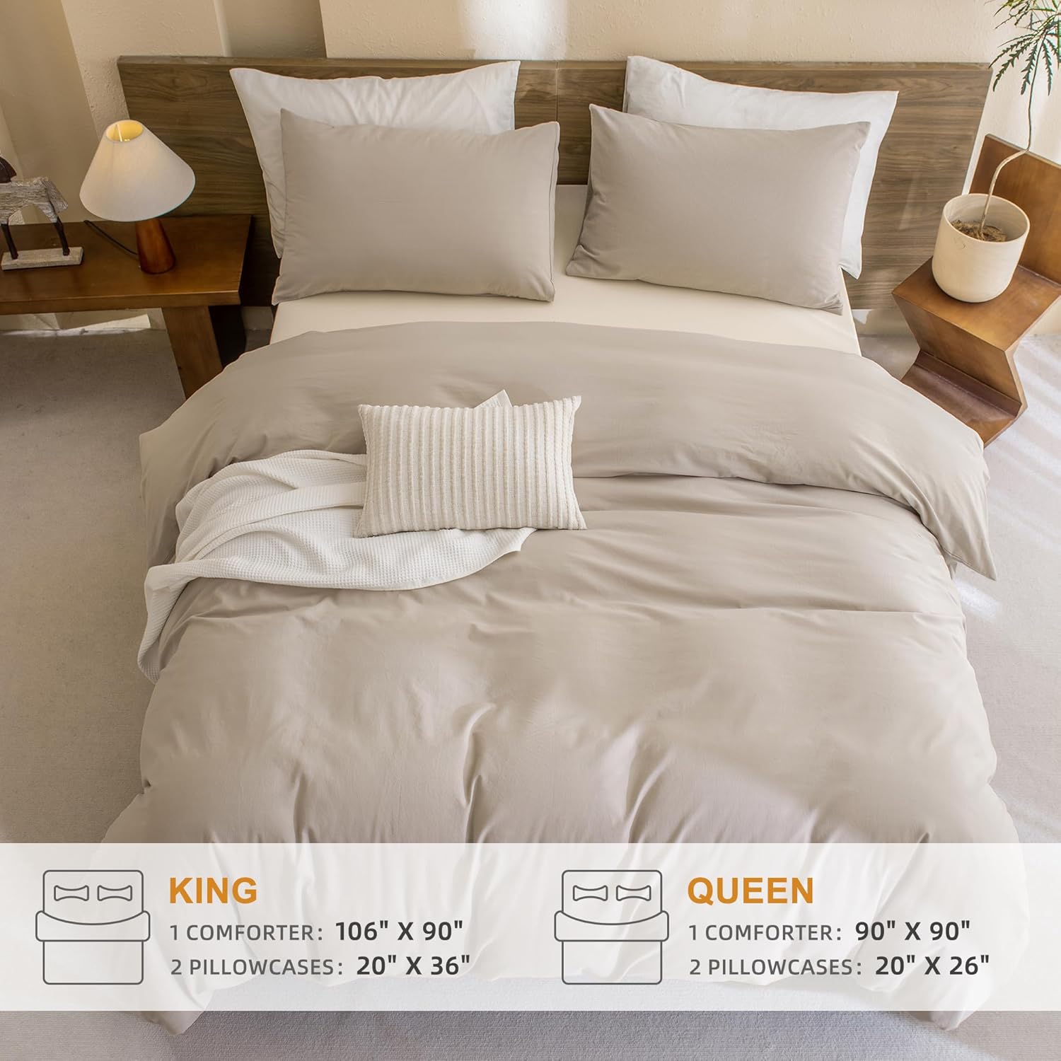 Sanracie Juego de edredón 100% algodón, tamaño Queen, edredón con textura similar al lino para cama tamaño Queen, 3 piezas (1 edredón sólido y 2