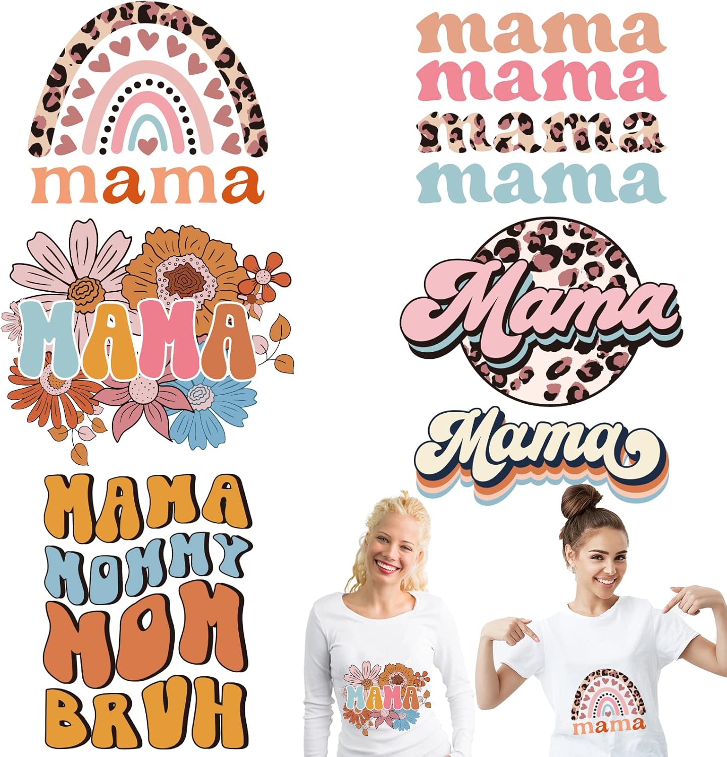 Whaline 6 hojas de parches para planchar con texto en inglés “Mama Boho, para planchar con estampado de arcoíris, flores, leopardo, mamá”, vinilo