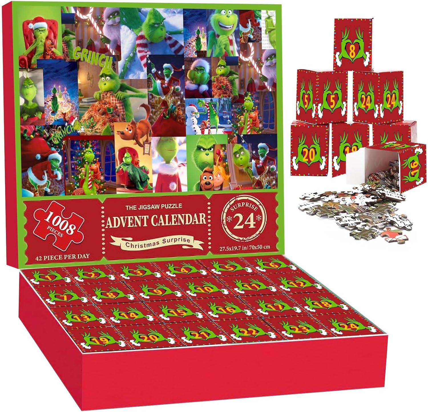 Rompecabezas de calendario de Adviento 2023-1008 piezas para adultos y niños, calendario de cuenta regresiva de Santas Grinchmas de 24 días,