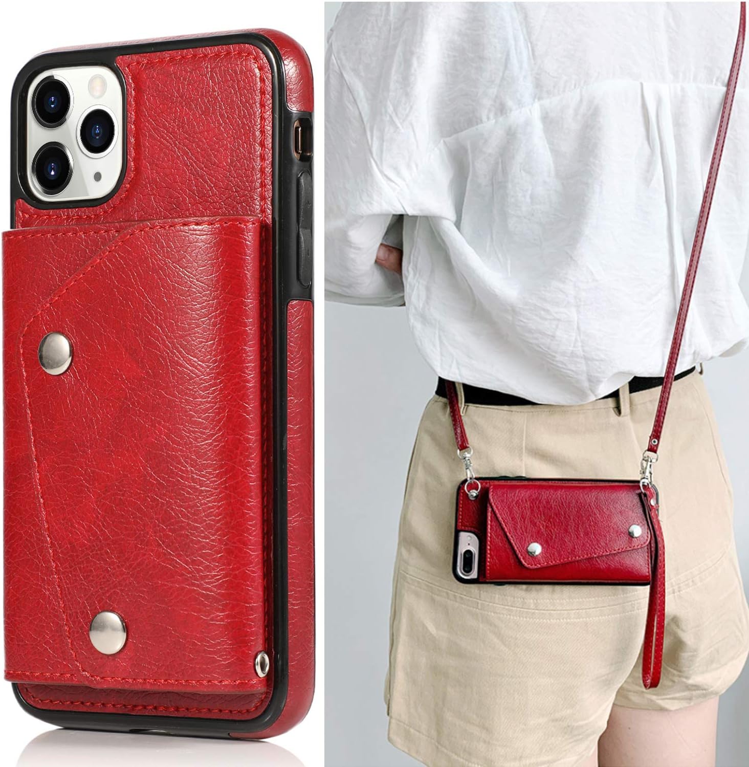 LUVI Funda con tarjetero para iPhone 11 Pro con correa para el cuello, cadena cruzada, correa de muñeca, funda protectora con ranura para tarjeta de