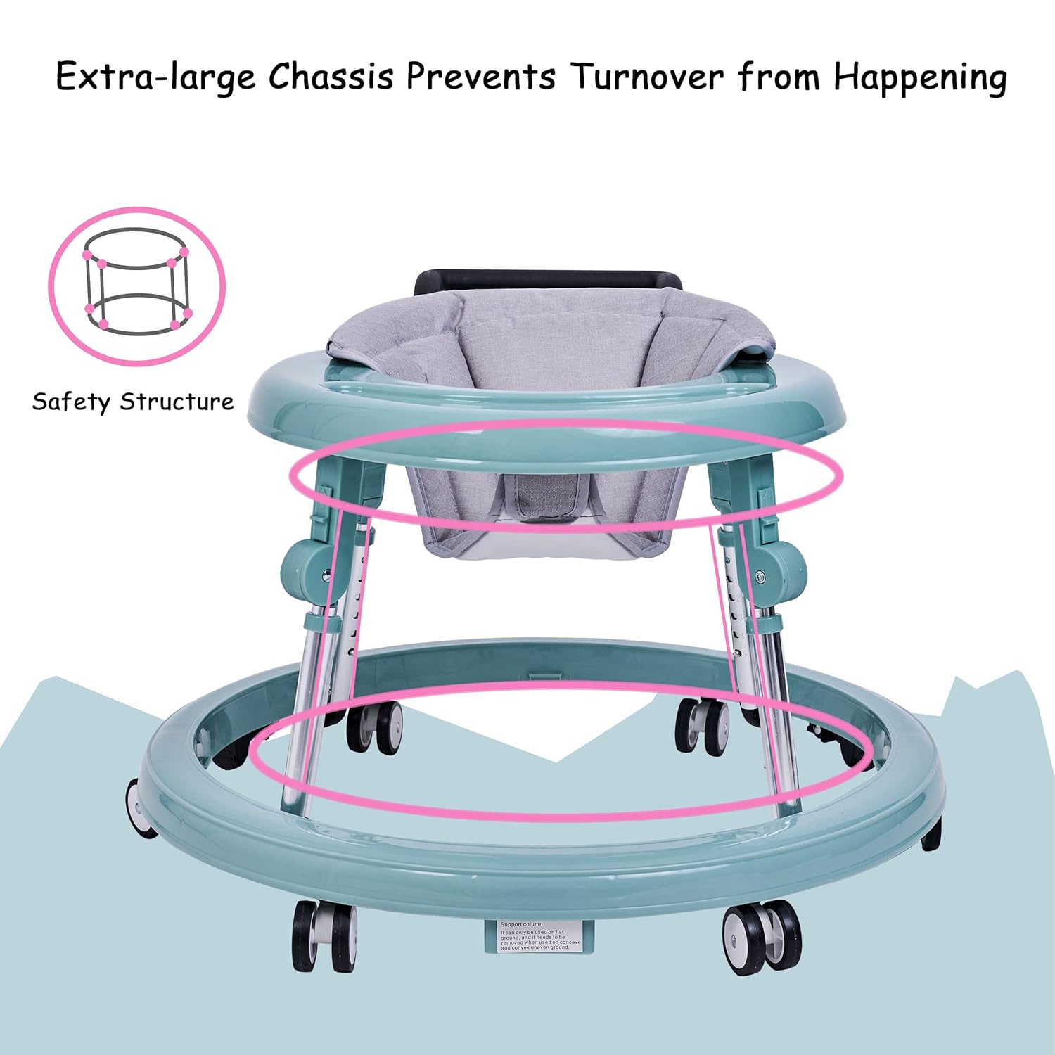 Andador plegable para bebés, centro de actividades sentado a pie con ruedas, asiento y altura ajustable, color rosa