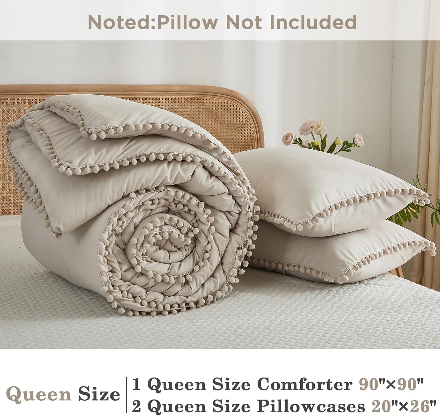 annadaif Juego de edredón beige tamaño Queen, edredón de 3 piezas con flecos de pompones, juego de ropa de cama de microfibra suave alternativa para