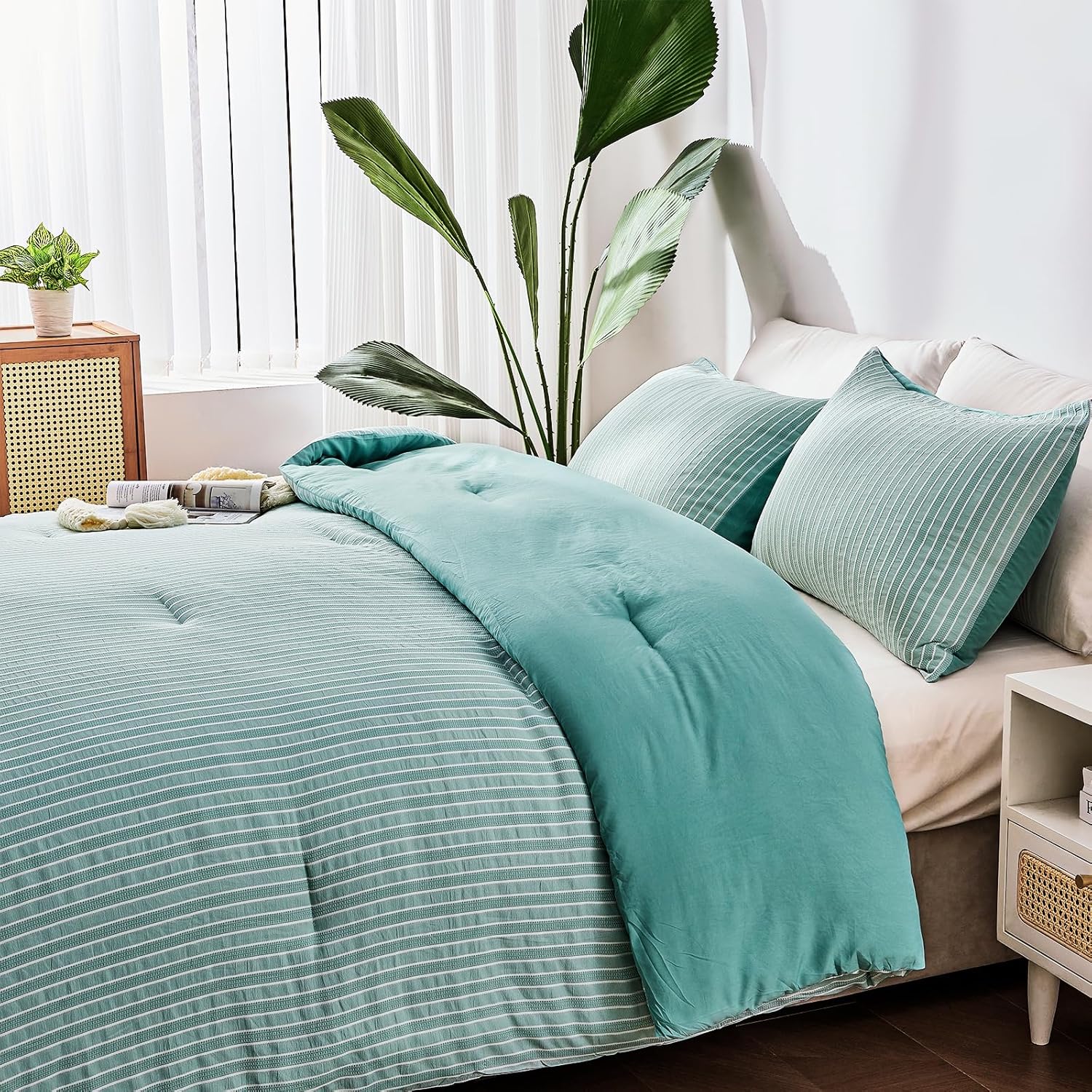 ENCOFT Edredón tamaño Queen, edredón de 3 piezas con textura de espuma de mar verde para cama tamaño Queen, juego de edredón bohemio de microfibra