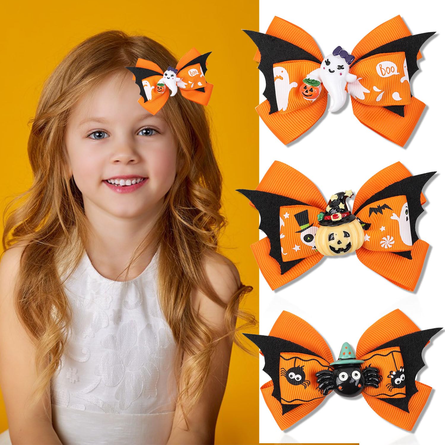 Lazos para el pelo de calabaza de Halloween para niñas, lindos clips de lazo de araña fantasma para decoración de peinado, pasador de pelo de