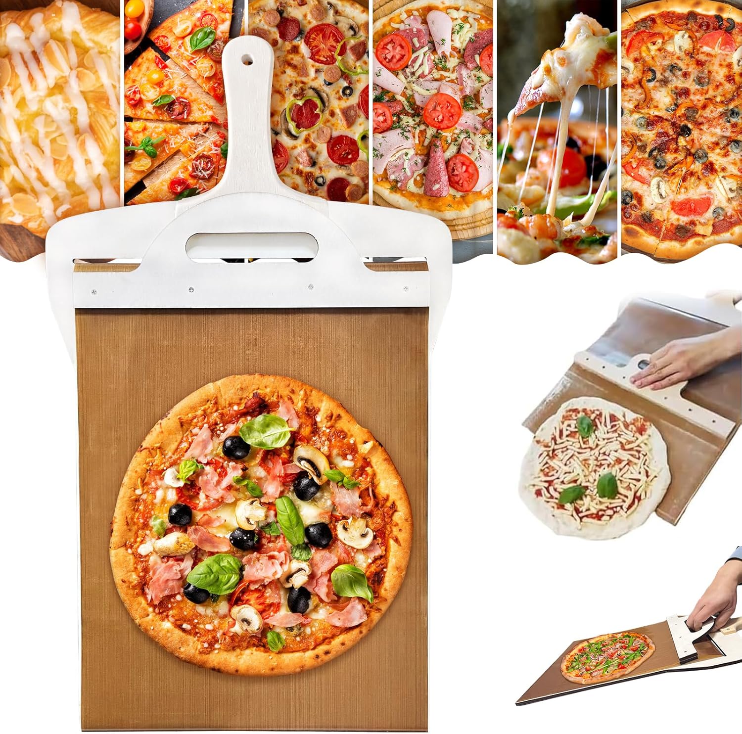 Pala deslizante de pizza para masa de pizza de transferencia súper fácil, pala de pizza sin pegar con asa, pala mágica para pizza, peladura