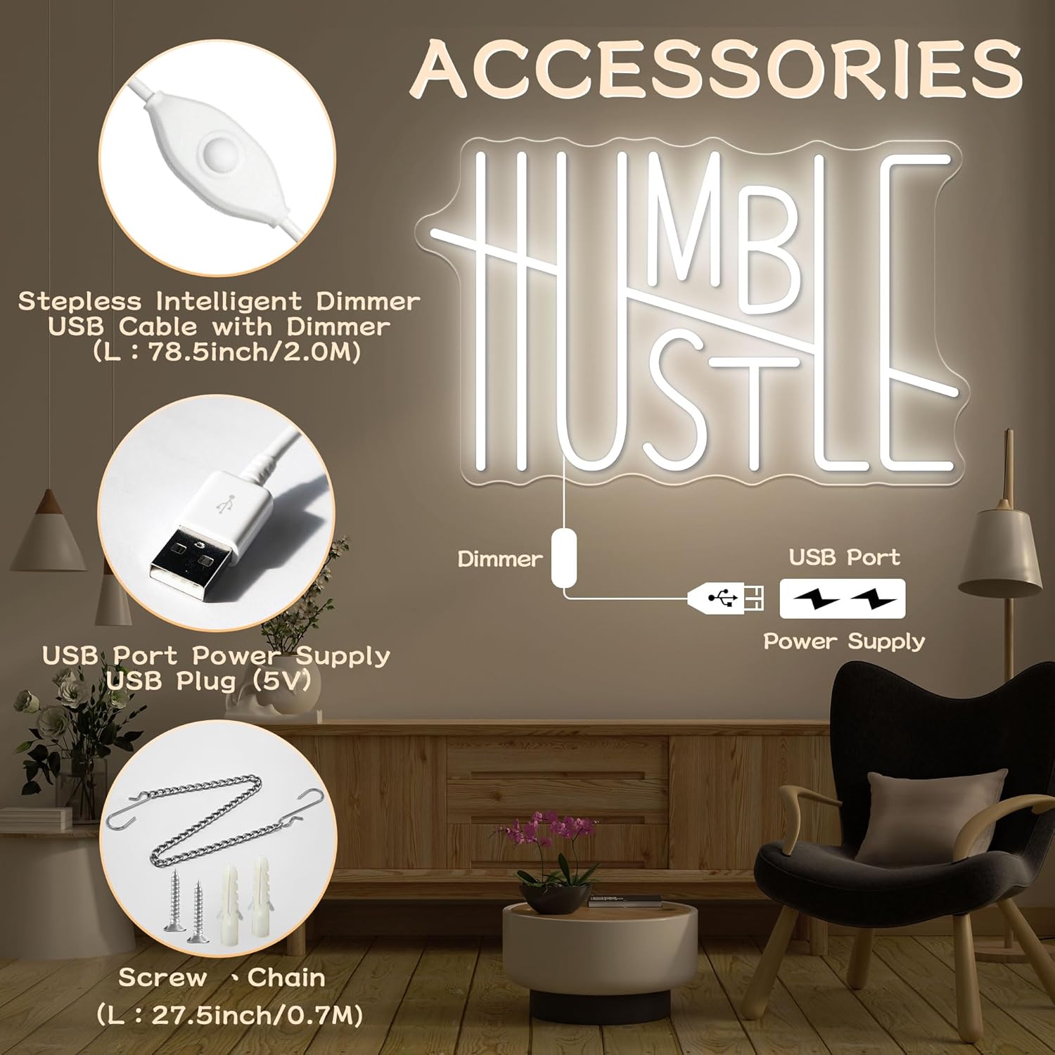 HUSTLE – Letrero de neón con palabras para decoración de pared, letrero de luz LED de neón alimentado por USB, decoración de habitación para niños,