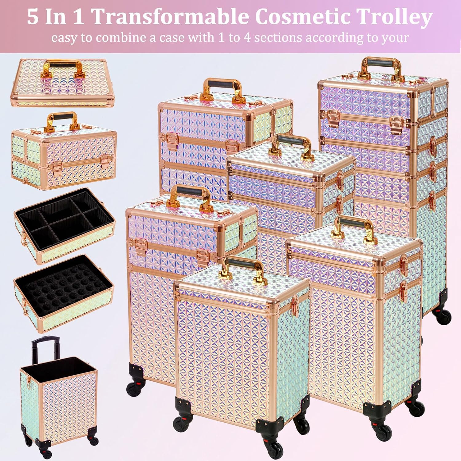 Estuche de maquillaje profesional 5 en 1, estuche de aluminio para cosméticos, estuche de maquillaje con ruedas giratorias de 360 , Con color,