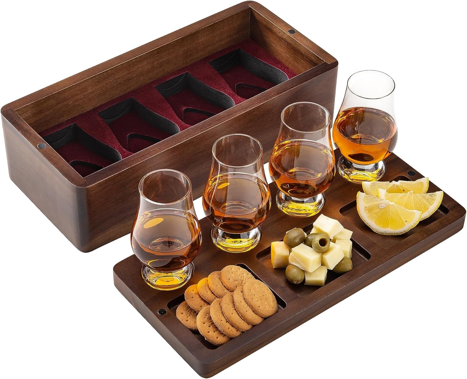 Shanik Juego de vasos de whisky en caja de madera, bandeja de vuelo incluida, regalo único de bourbon para cualquier ocasión
