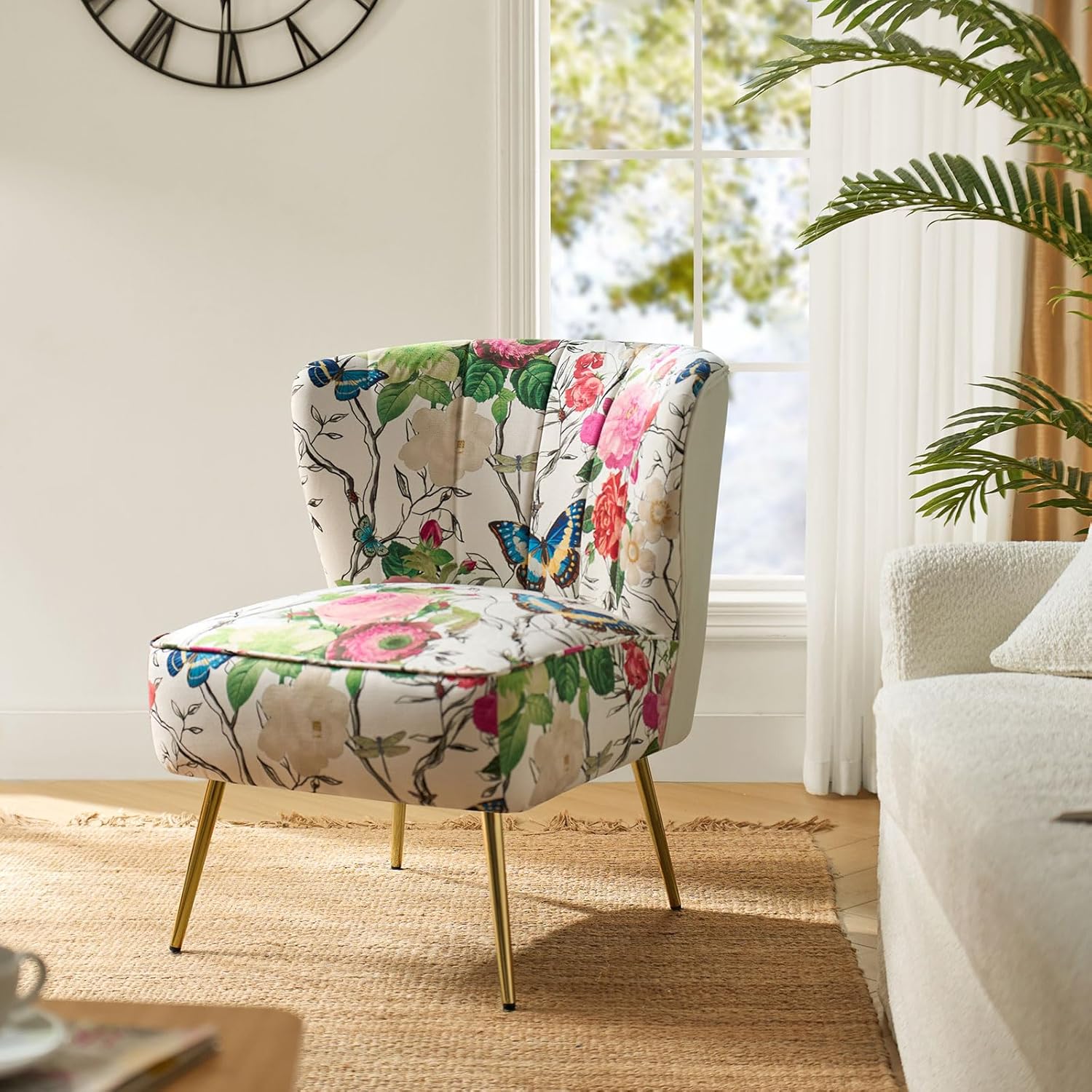 HULALA HOME Silla decorativa con patas de metal dorado, cómoda silla de sala de estar, silla lateral pequeña sin brazos de tela floral, silla