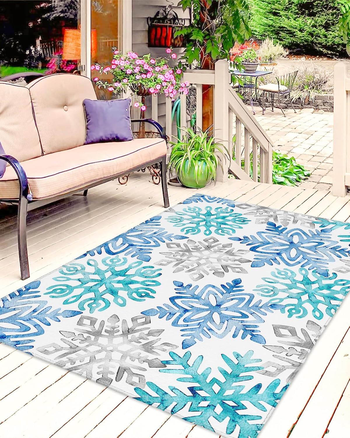 Outdoor Rug Carpet Waterproof 5×8 ft Area Rug, Blue Green Snowflake Winter Large Floor Mat for Patio Balcony Living Room Backyard Picnic Beach RV