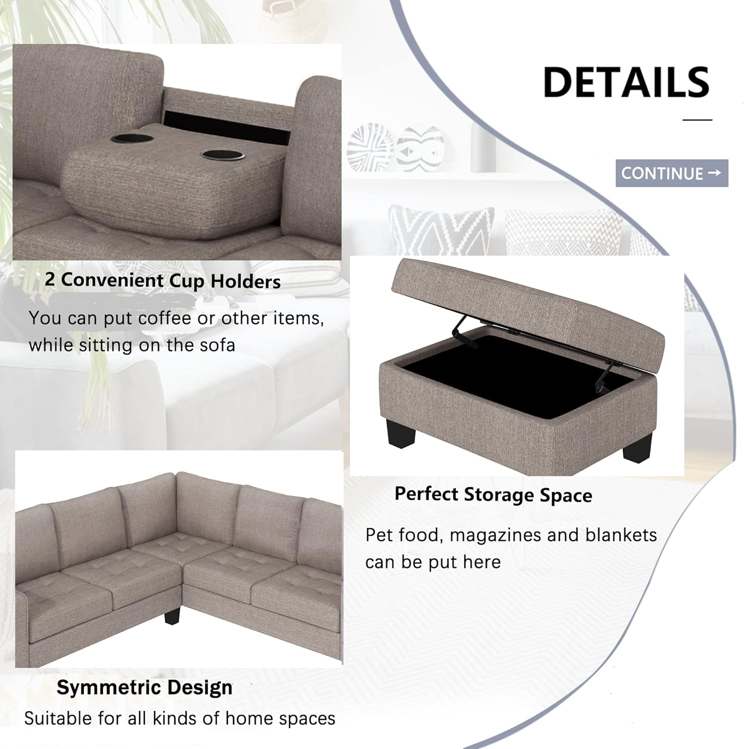 Esquina seccional, ahorro en forma de L con almacenamiento, sofá convertible con otomana y portavasos diseño para apartamento de dormitorio de