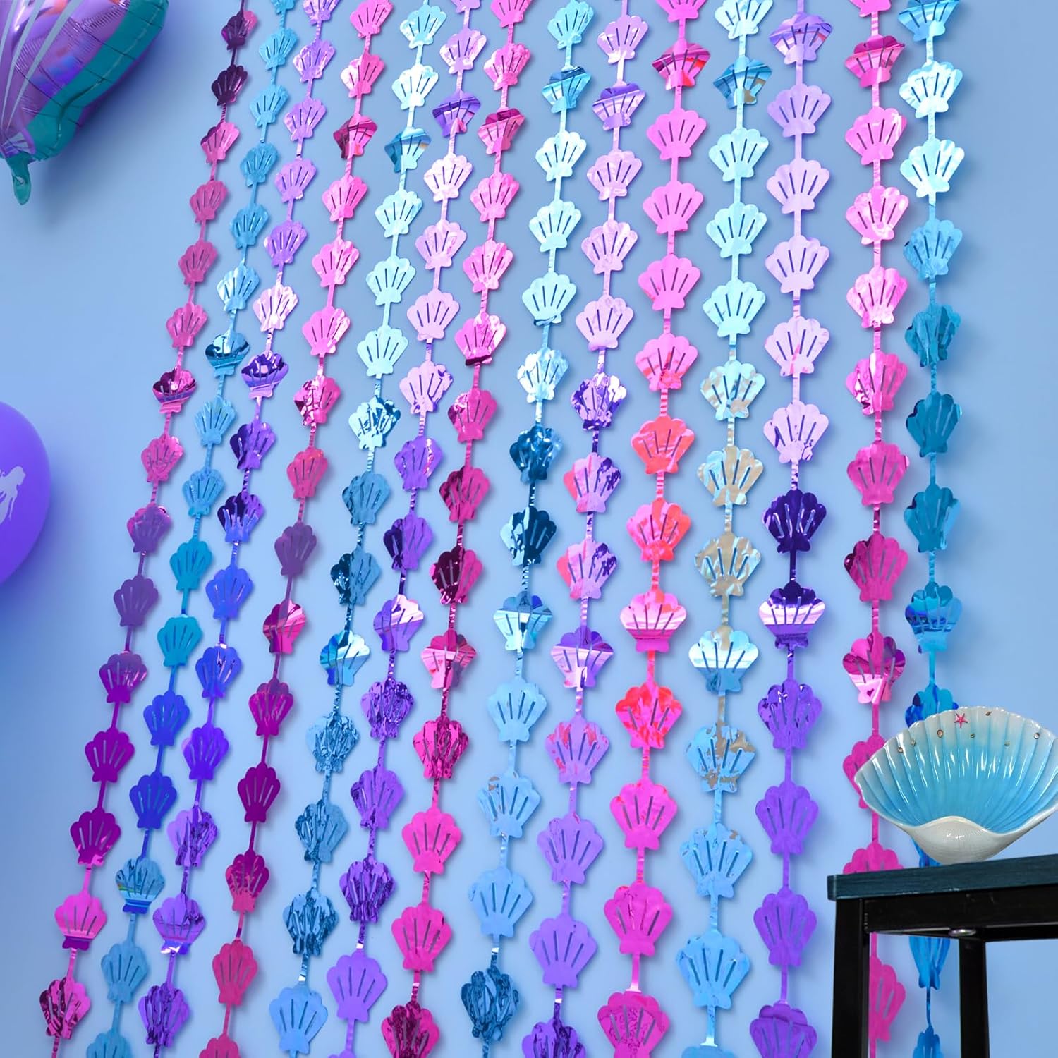 Cortinas de flecos de aluminio con temática de sirena, decoraciones de cumpleaños de sirena, 2 paquetes de 3.3 x 6.6 pies, color azul, morado y