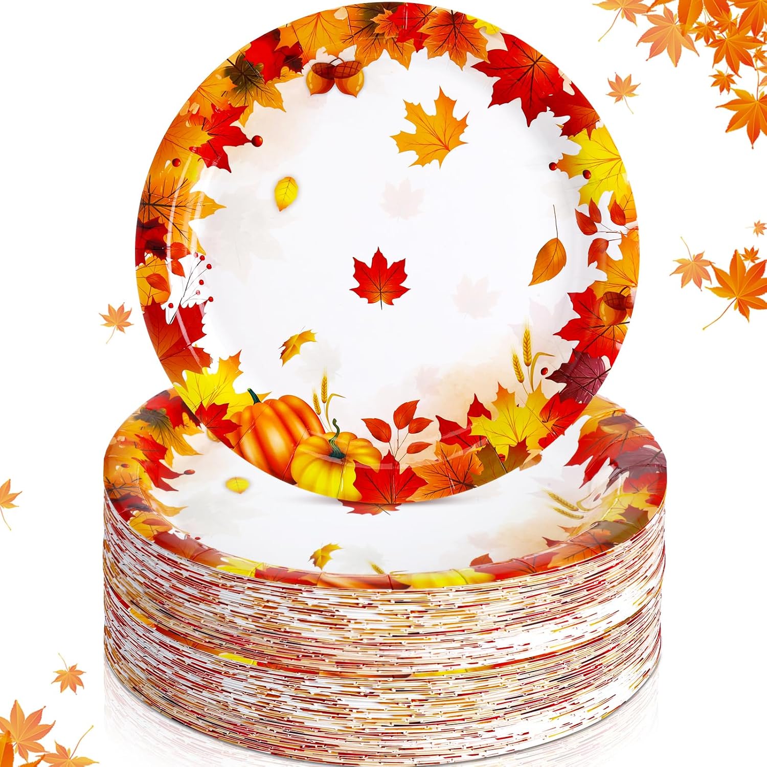 50 platos de papel de otoño de 9 pulgadas, platos de calabaza de Acción de Gracias, hojas de otoño, platos desechables para suministros de fiesta de