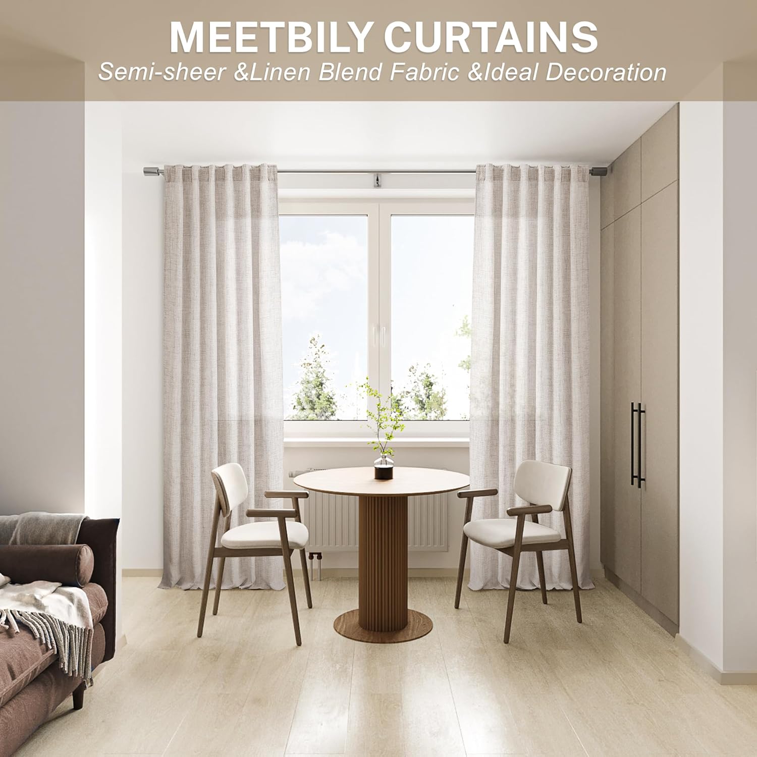 MEETBILY Juego de 2 paneles de cortinas de 100 pulgadas, con bolsillo para barra, pestaña trasera, filtrado de luz, cortinas semitransparentes de