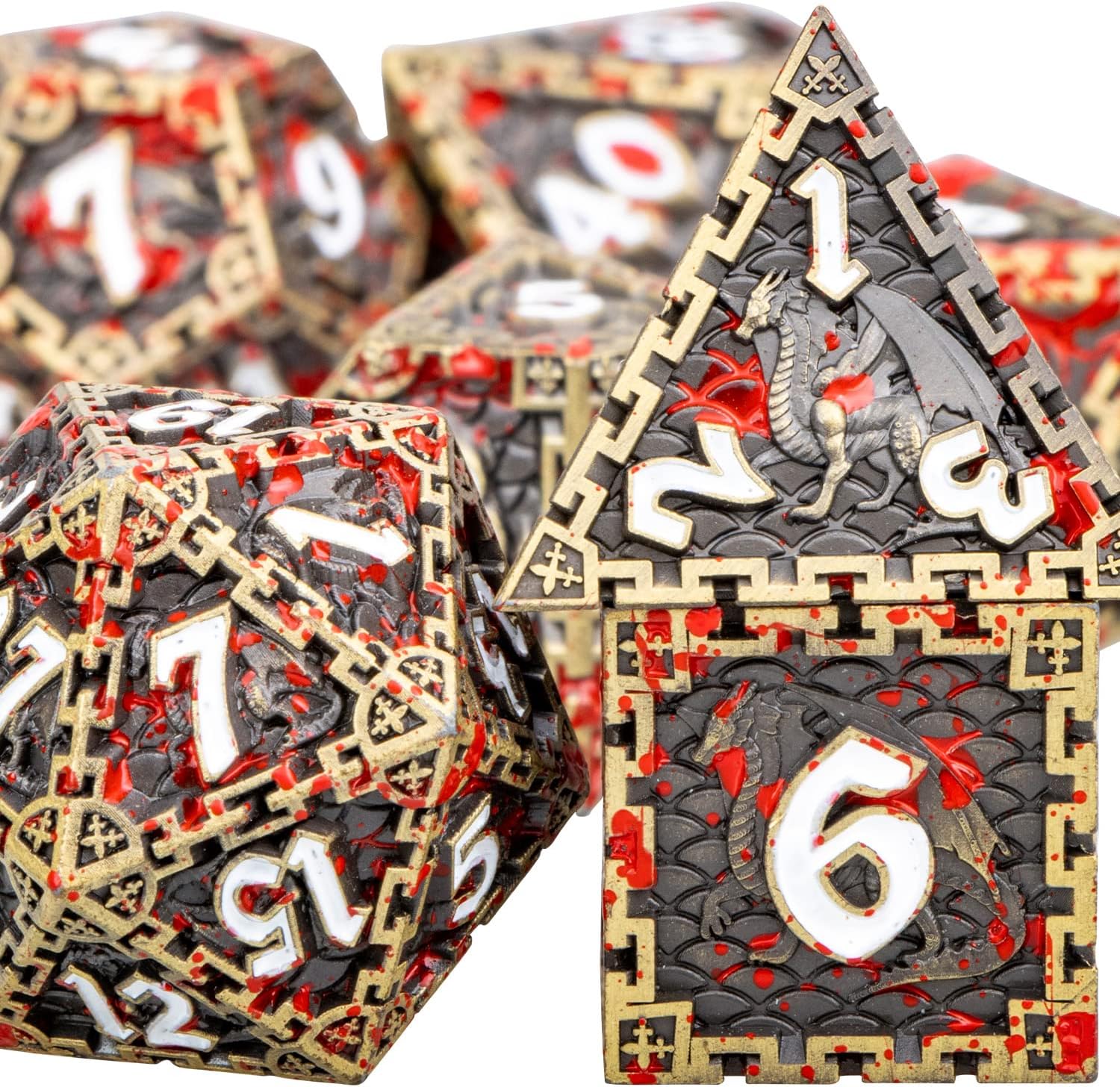 DND – Juego de dados de metal de dragón de sangre con caja de regalo, dados de bronce antiguo D&D, 7 dados poliédricos para juegos de rol, juego de