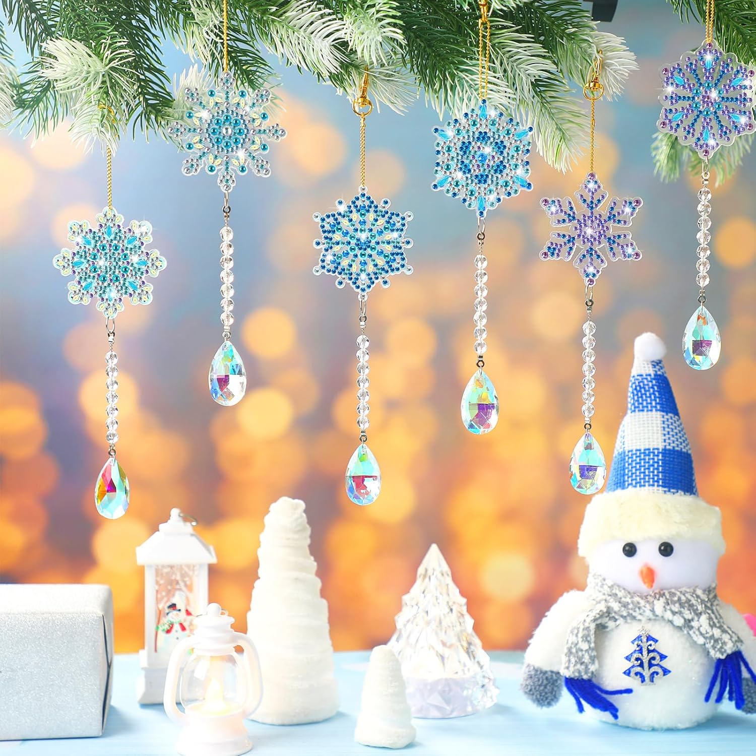 Chitidr 8 piezas de adornos de pintura de diamantes de invierno 5D DIY copos de nieve arte de diamantes campanas de viento copo de nieve colgantes