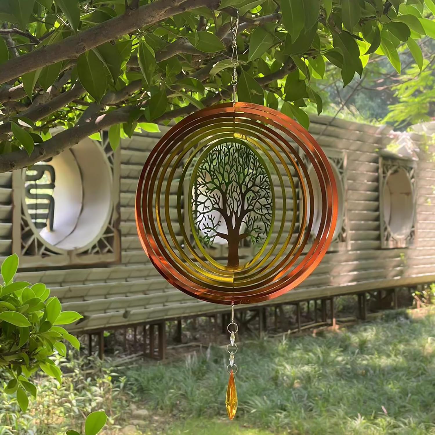 Tree Life – Molinillo de viento 3D de acero inoxidable para decoración de jardín en interiores y exteriores, adornos para manualidades, 8 pulgadas,