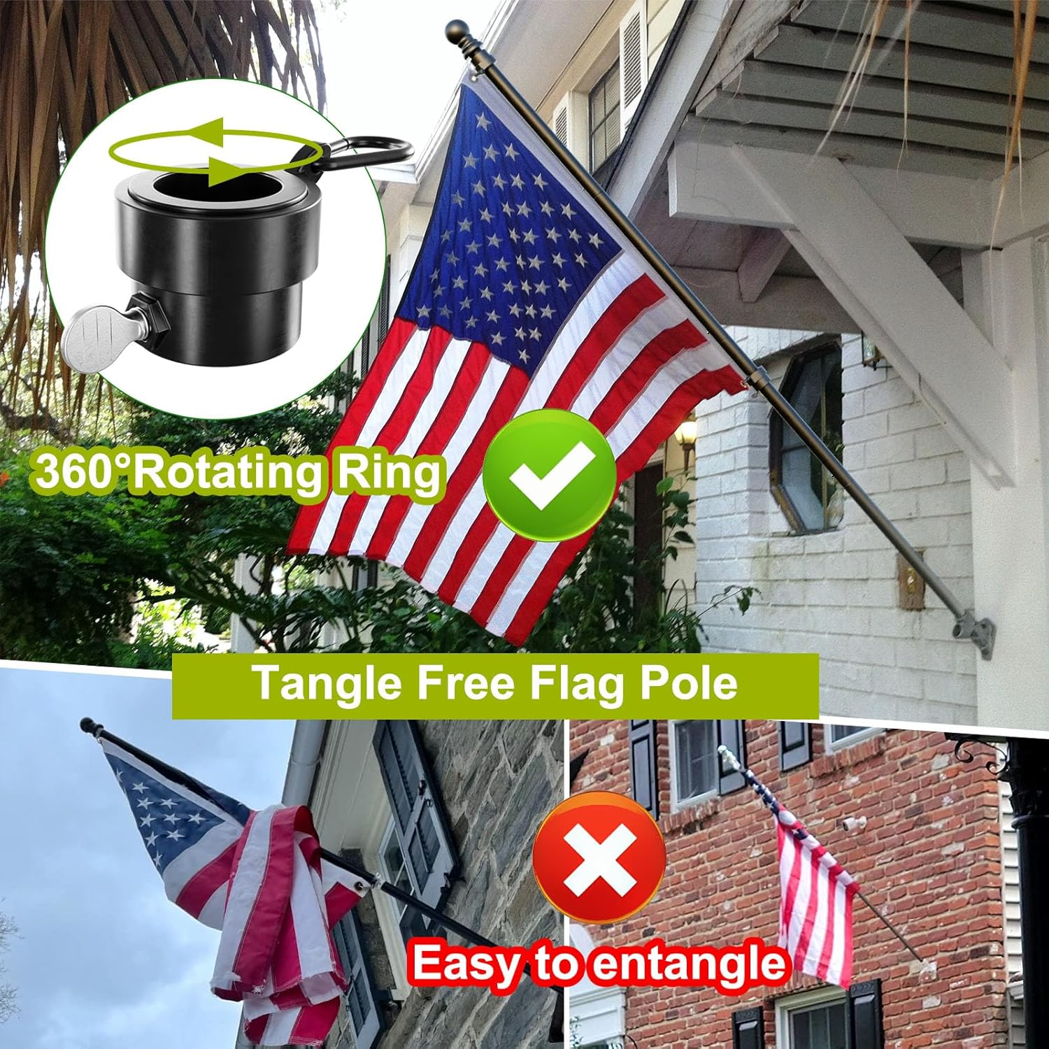 FFILY Mástiles de bandera de 5 pies para banderas de 3 x 5 para exteriores, mástil de bandera para exteriores con anillos de asta de bandera sin