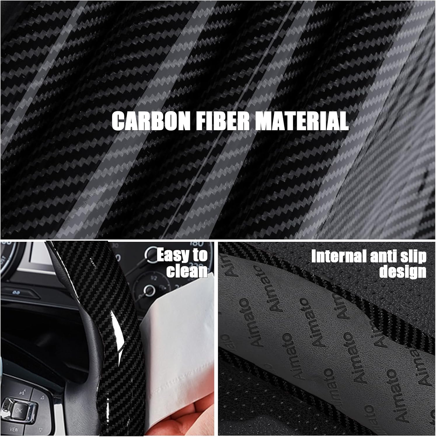 Universal 2 piezas de fibra de carbono cubierta de volante antideslizante segmentado coche volante cubiertas protectores de volante