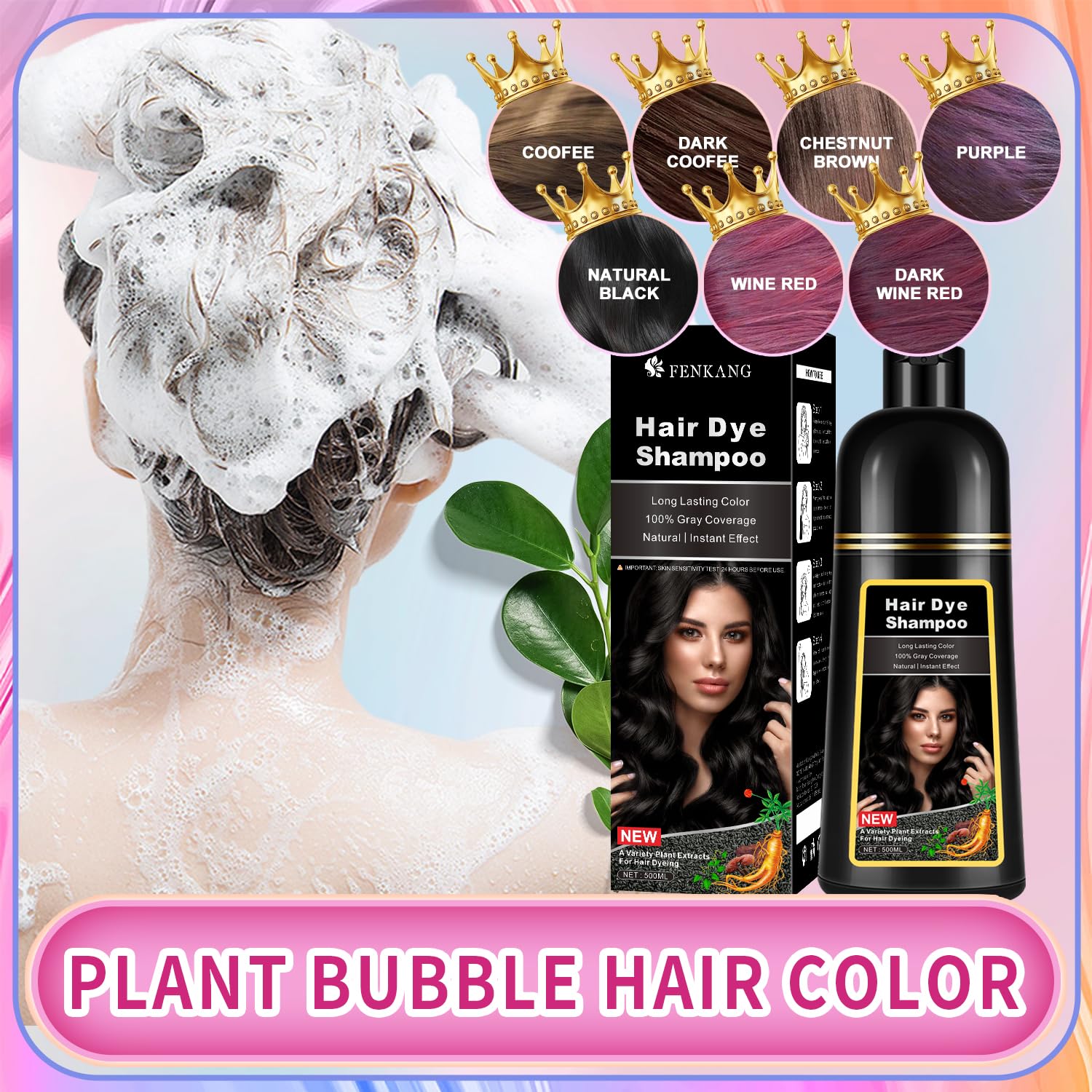 Champú instantáneo de tinte para cabello castaño para cabello gris 3 en 1, champú de cabello castaño natural para mujeres y hombres, colores negros,