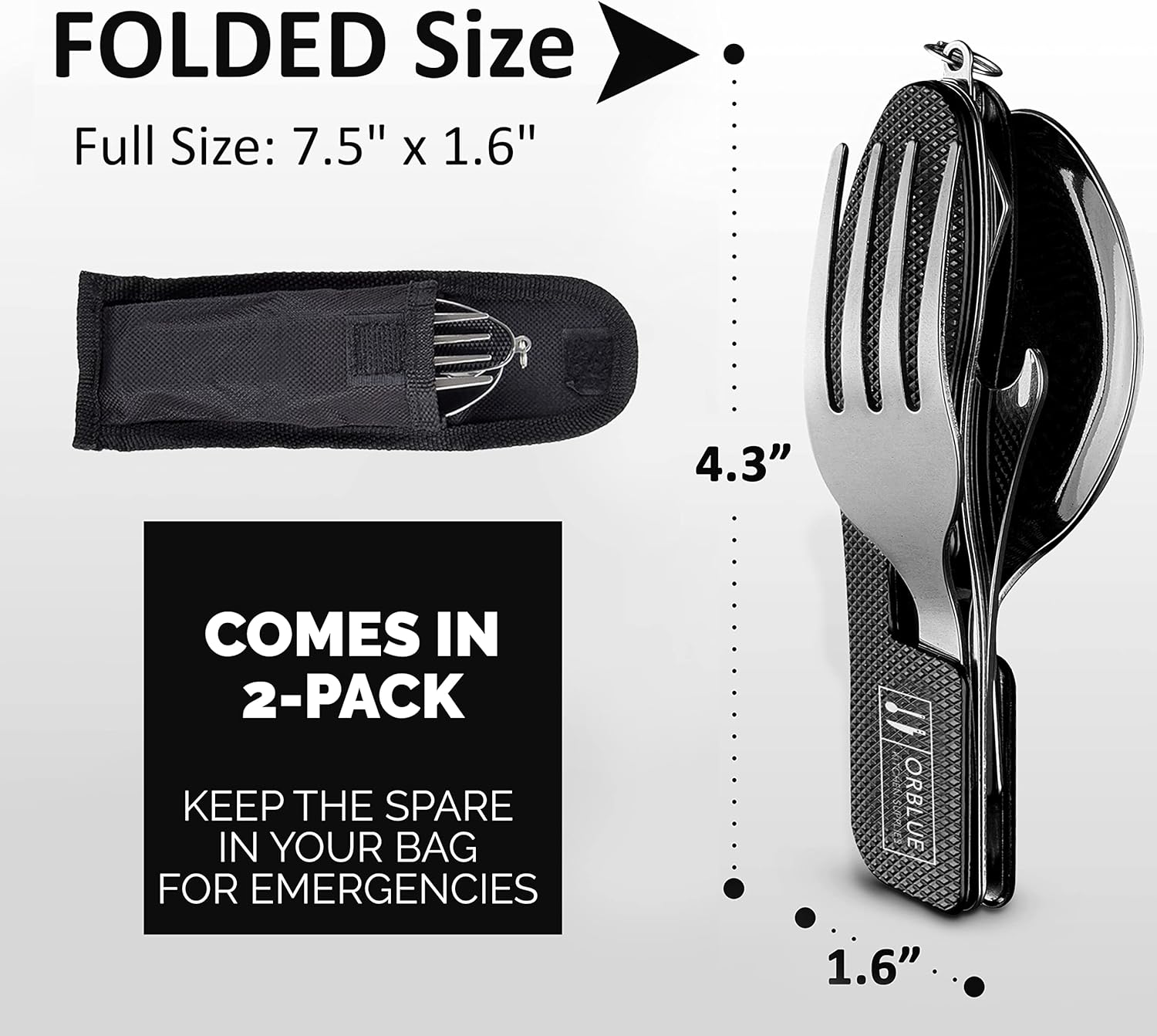 Orblue Utensilios de campamento 4 en 1, paquete de 2  Cuchara portátil de acero inoxidable, tenedor, cuchillo y abridor de botellas,