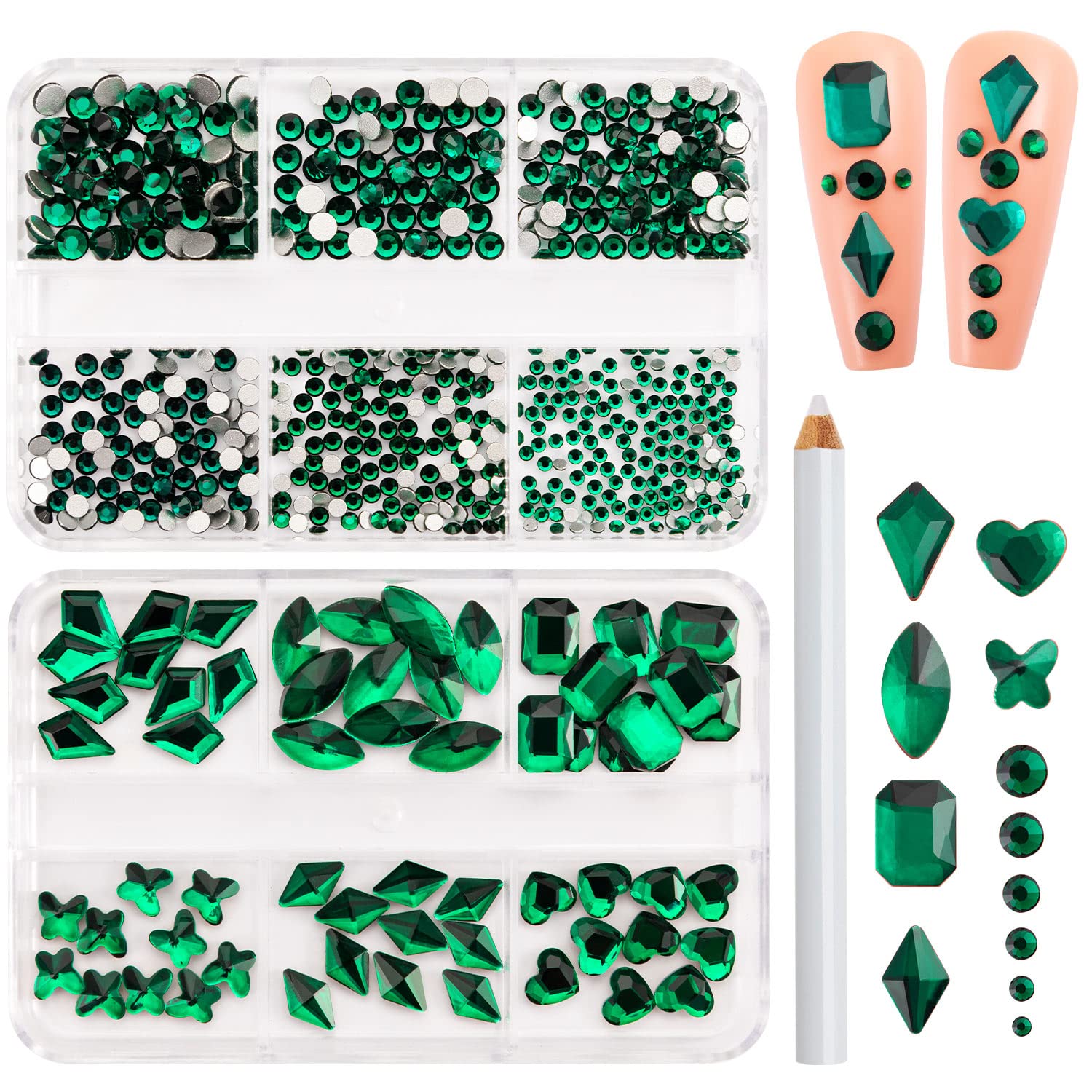 Noverlife 1000 diamantes de imitación 3D para arte de uñas, multiformas con parte trasera plana y bolígrafo de cera, cuentas redondas brillantes