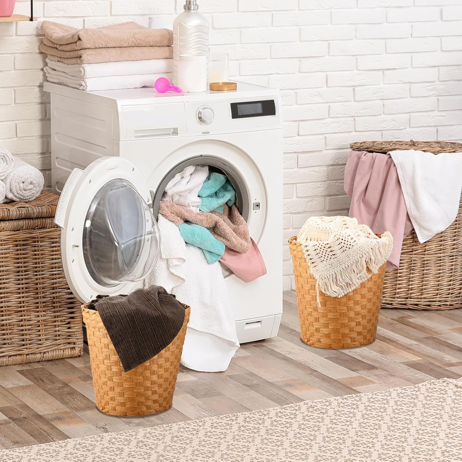 Bokon 4 cestas de basura de pajita, estilo bohemio, tejidas, naturales, para baño, papelera, papelera, papelera, papelera pequeña, redonda, para