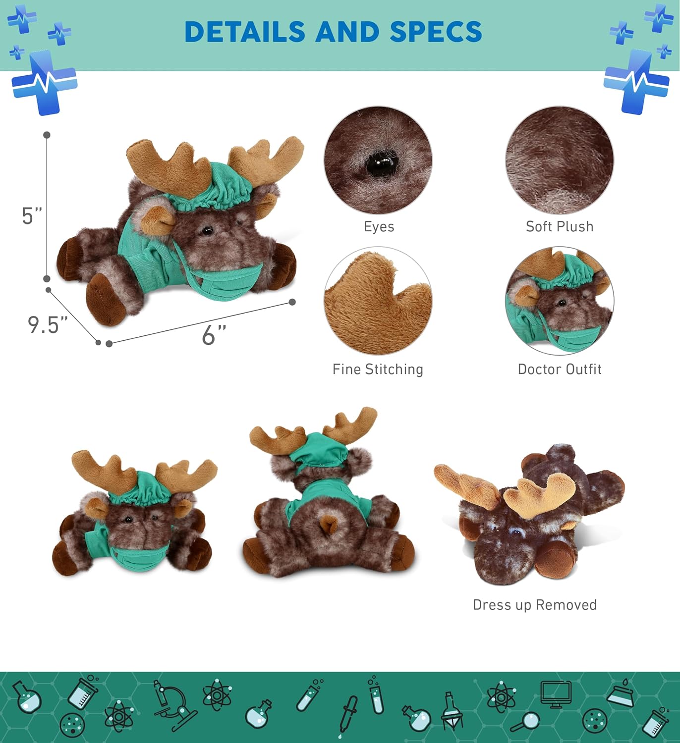 DolliBu Peluche de médico de alce mentiroso Brownish  Disfraz de médico de alce súper suave con bonito uniforme y traje de gorra, regalo con