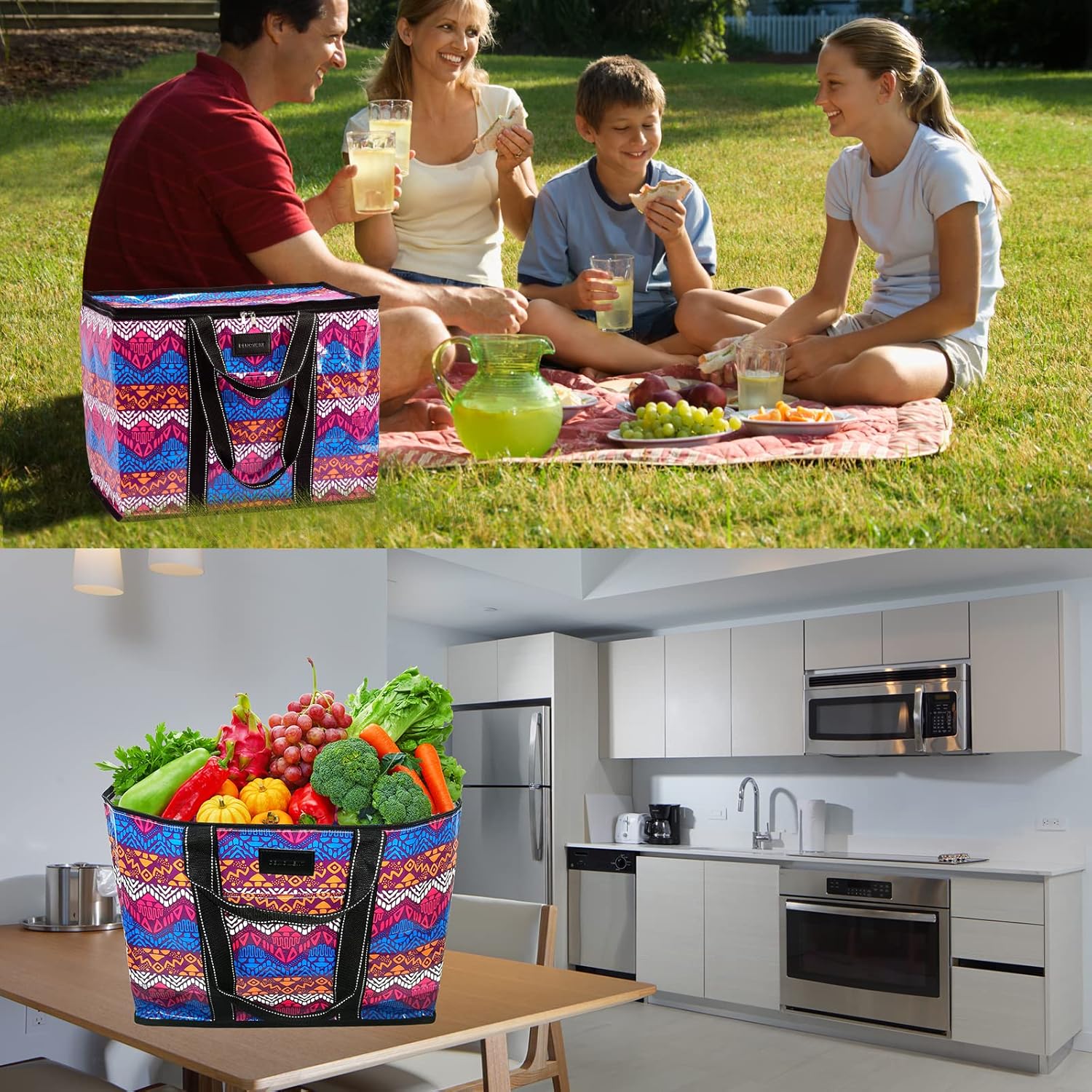 DEMOMENT Bolsa de asas de compras duradera reutilizable con bolsillos para cocina, supermercado, camping, playa, almacenamiento
