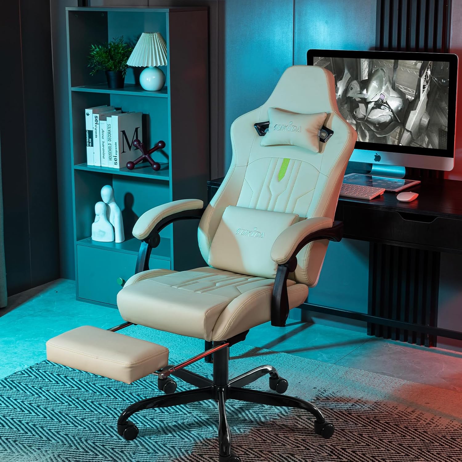 Silla de juegos con reposapiés, silla ergonómica para computadora, cojín lumbar de masaje, silla de videojuegos de carreras, silla reclinable