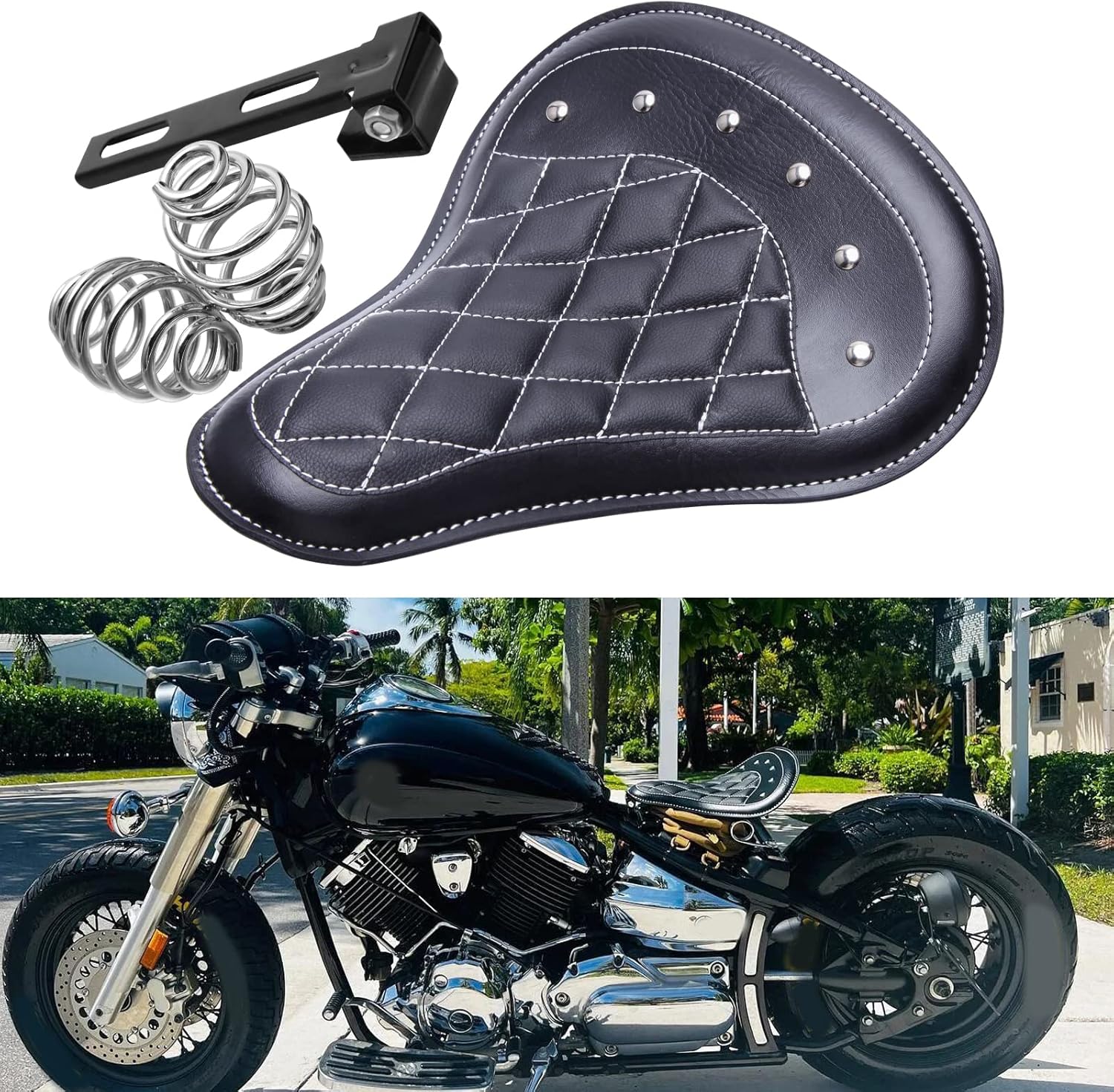 Cojín de motocicleta negro para asiento individual compatible con Honda Rebel 250 300 500 Refit Bobber (negro-rombo)