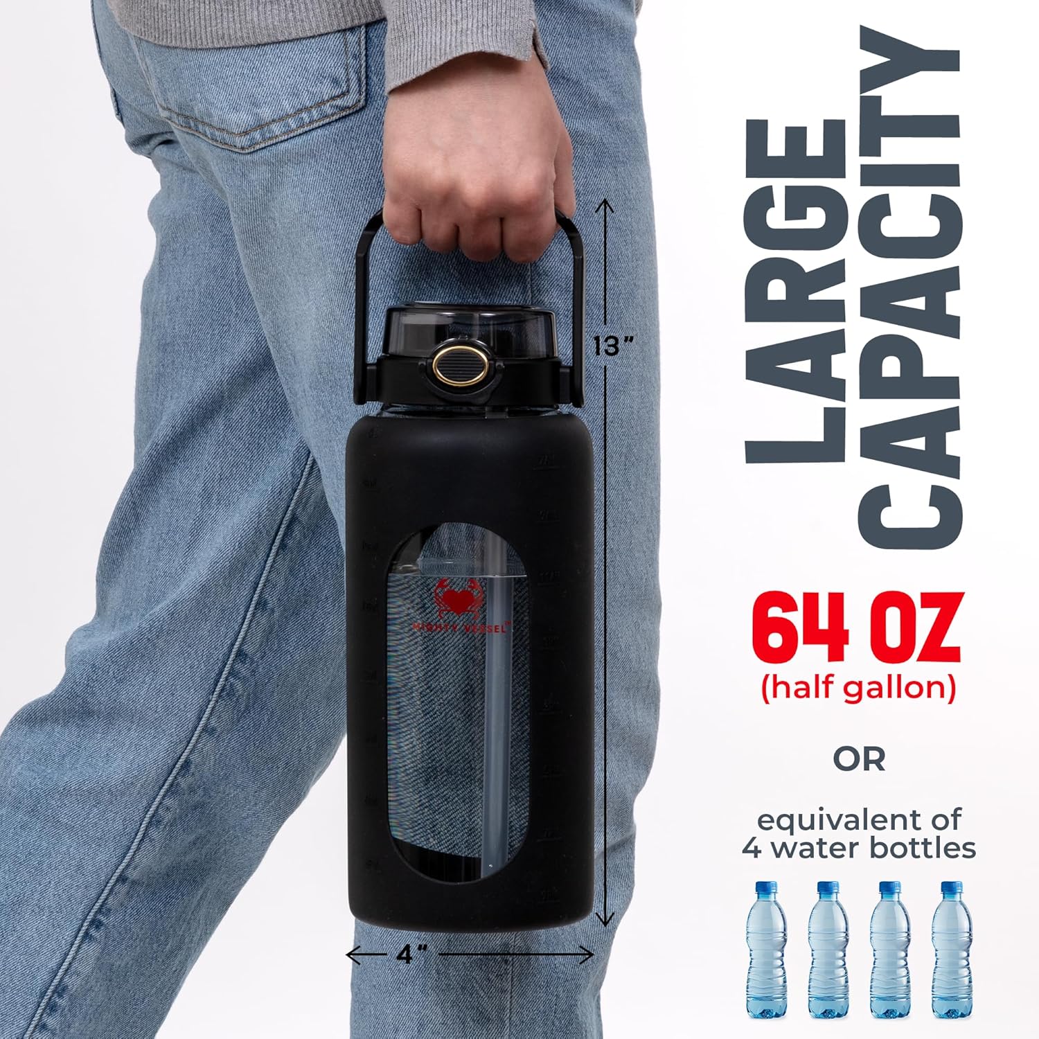 Botellas de agua de vidrio a prueba de fugas de 64 oz – Botella de agua de vidrio grande de borosilicato con popote y marcadores de tiempo – Botella