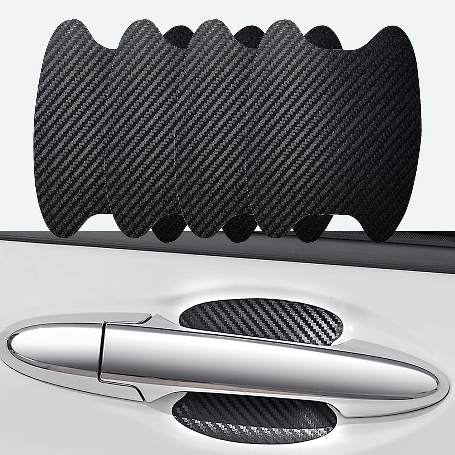 4 calcomanías para manija de puerta de automóvil, 3.3 x 3.4 pulgadas, textura de fibra de carbono, antiarañazos, impermeable, sin rastros, protector
