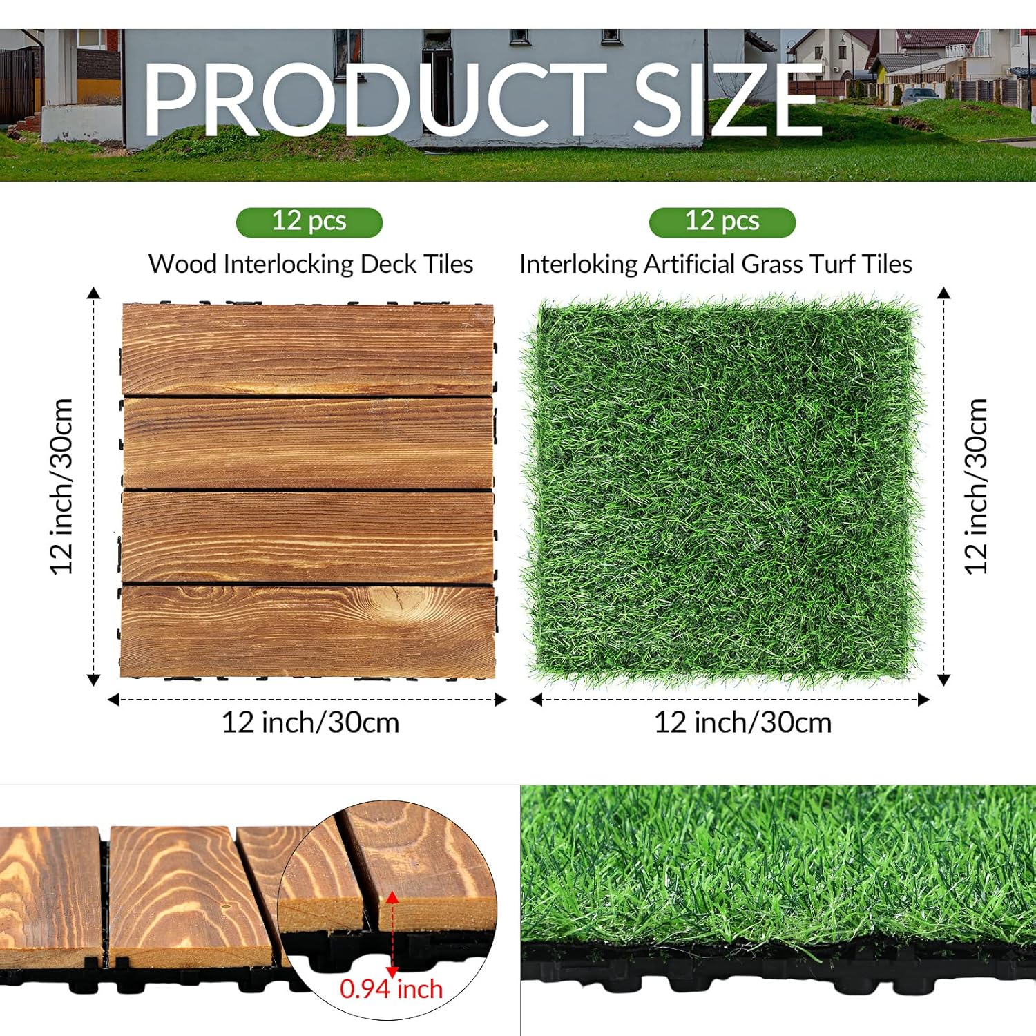 24 azulejos de madera dura entrelazados para patio y césped artificial, baldosas de madera impermeables, azulejos de césped entrelazados para