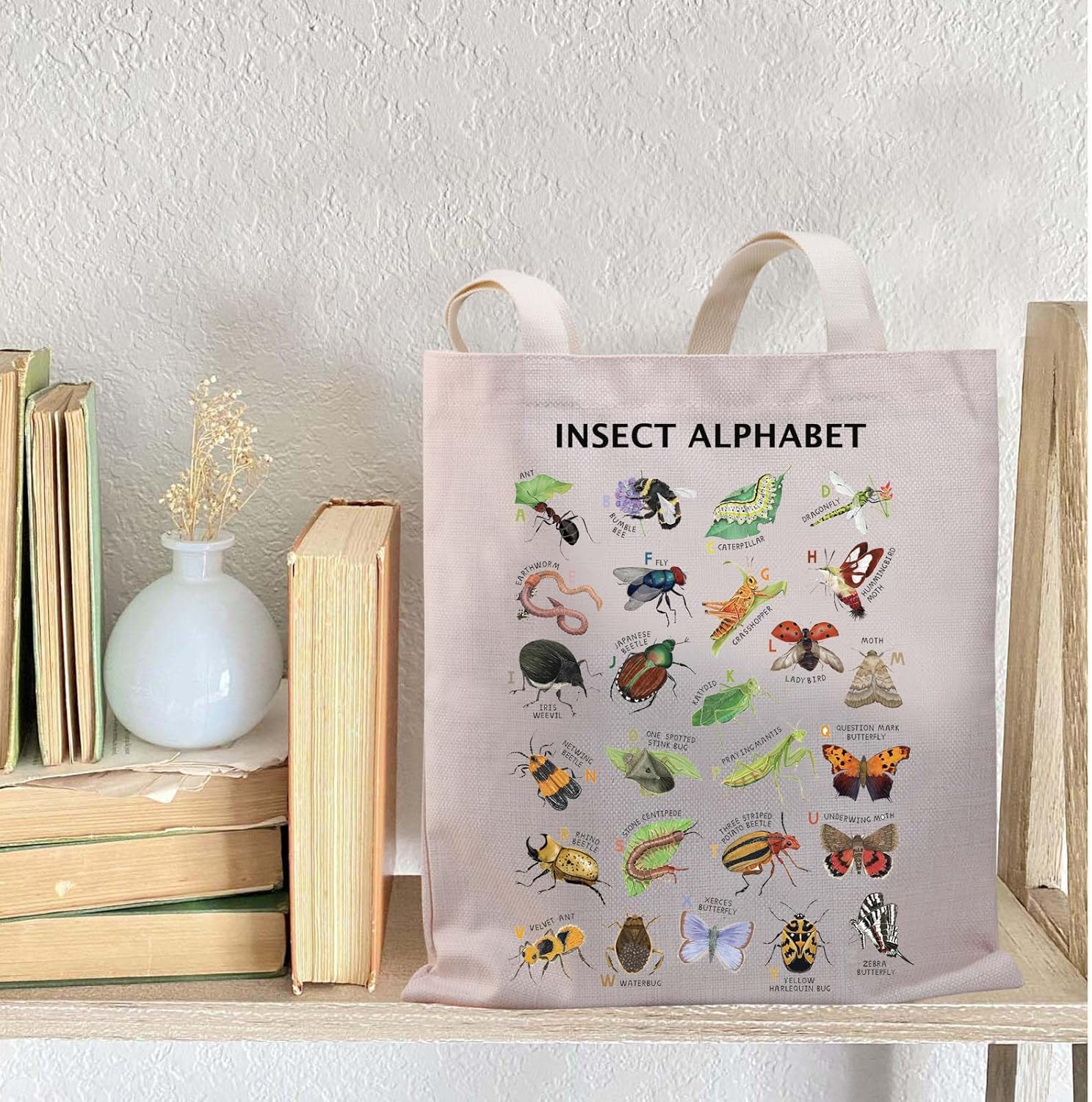 BDPWSS Bolsa de mano del alfabeto de insectos, regalo para amantes de insectos, insectos, escarabajos, regalo para enamorados, entomología, ciencia,
