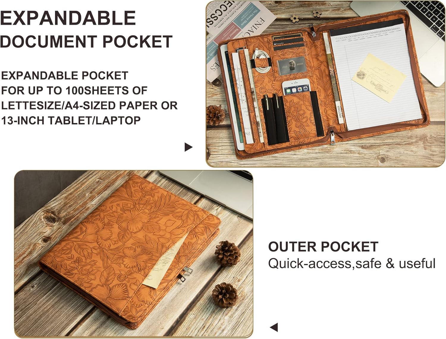 AZXCG Cartera de piel sintética, padfolio en relieve para hombres, cartera de negocios con soporte para cuaderno de escritura de letras A4US para