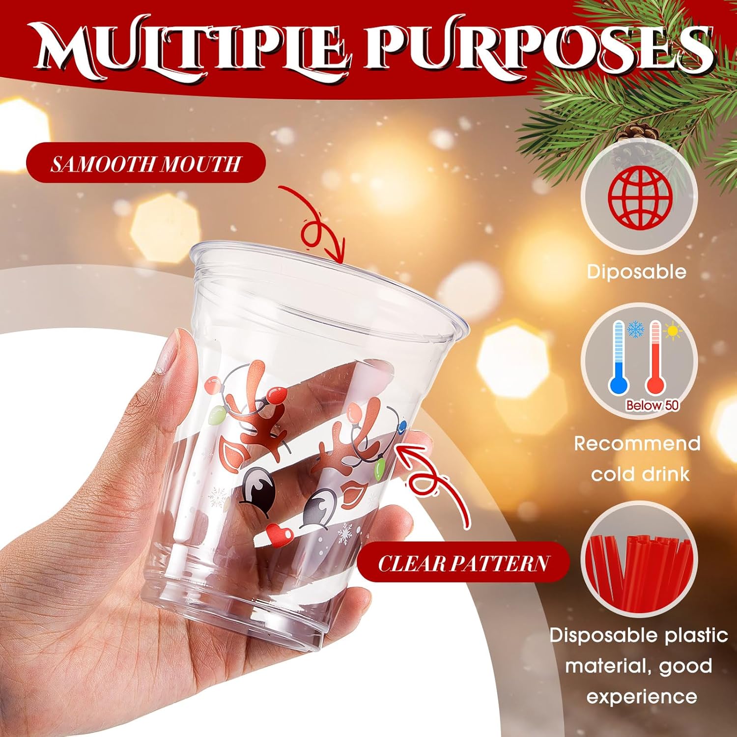 Zhehao Juego de 50 vasos de plástico de Navidad transparentes desechables a granel con tapas y pajitas, Papá Noel, muñeco de nieve, árbol de