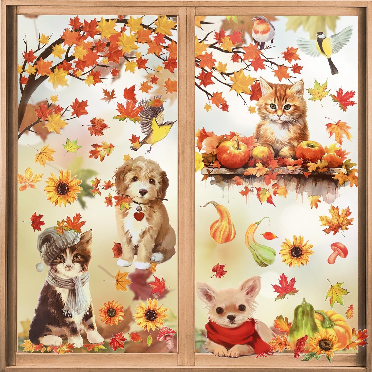 HOWAF 9 hojas de calcomanías para ventana de otoño, cosecha de otoño, perros, gatos, hojas de arce, calabaza, calcomanías de ventana para decoración
